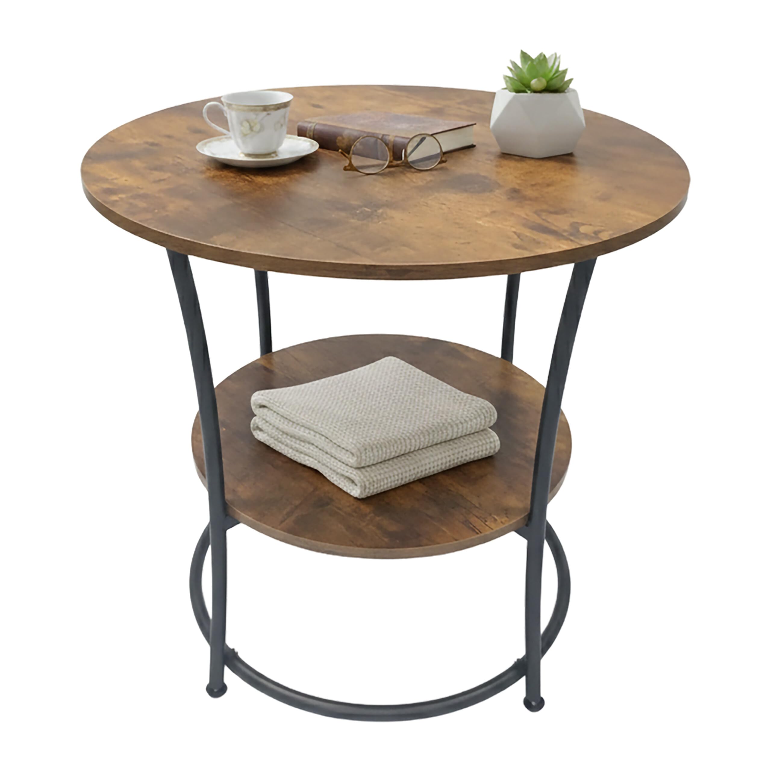 Relaxdays Tavolino Rotondo con 2 Ripiani, Effetto Legno e Metallo, HxD: 55x55 cm, Marrone Scuro/Nero