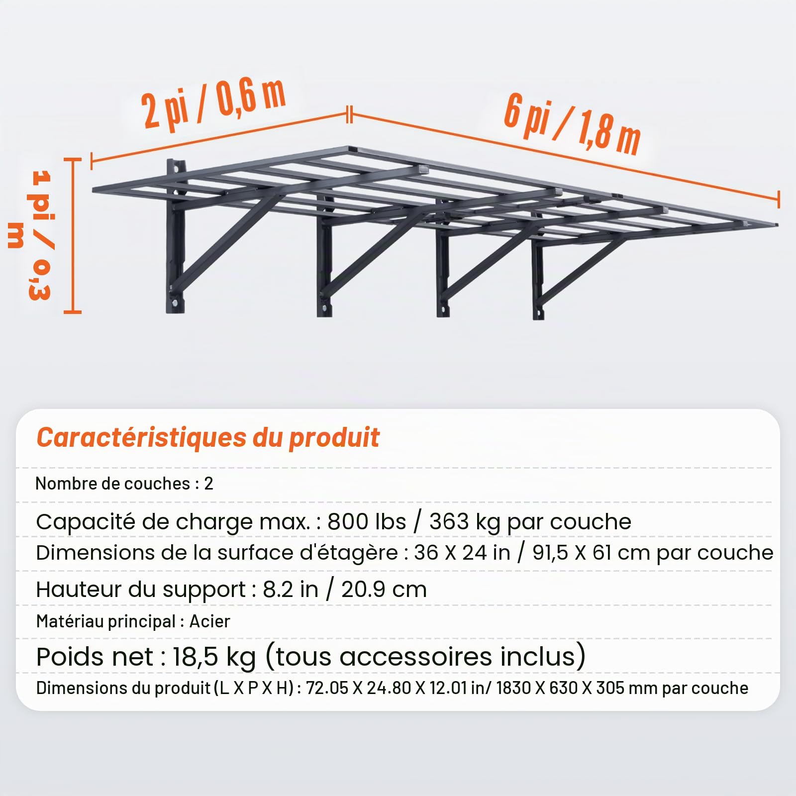 VEVOR Étagère Murale Flottante de Rangement Garage 183x61 cm Lot de 2 Grande Surface Utilisable Capacité de Charge 363 kg par Étagère Suspendue d'Outils Métallique pour Magasins, Garages, Entrepôts