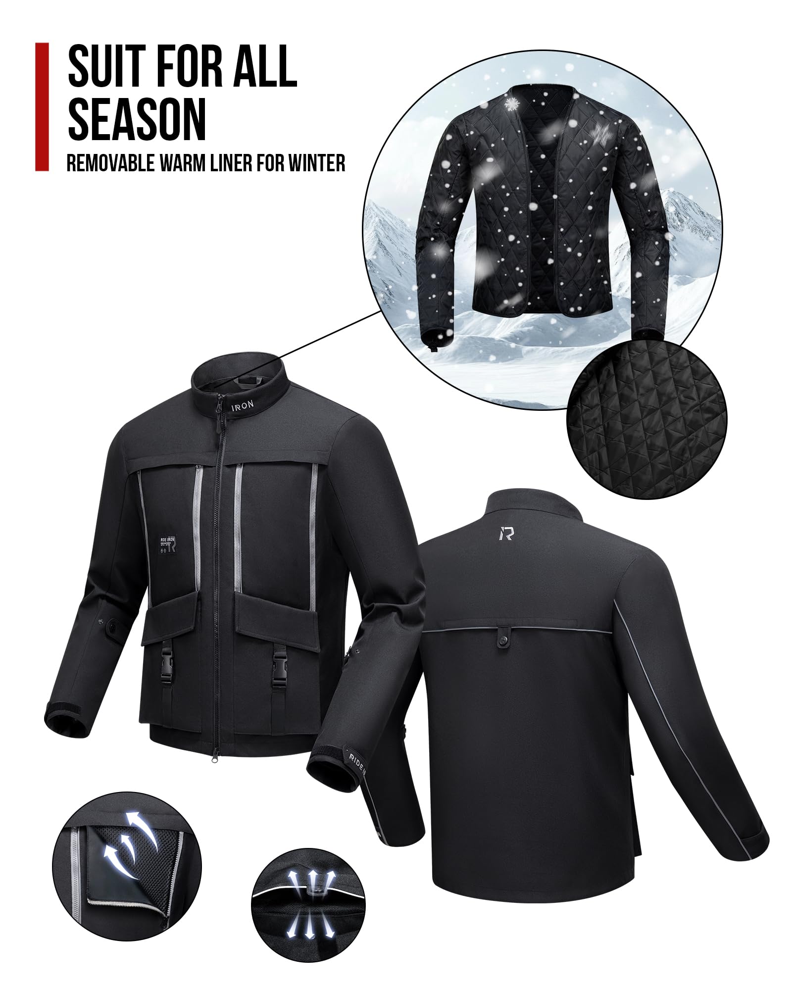 RIDEIRON Motorradjacke Herren Atmungsaktiv mit CE2 Protektoren – 4 Jahreszeiten Textiljacke, Abnehmbare Thermofutter, Reflektoren, Viel Stauraum, Touring & Adventure