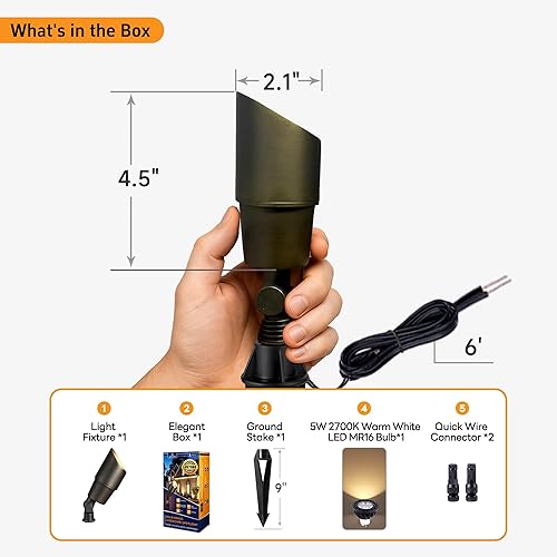 Miniatura 8 de Gardenreet Mini foco de paisaje de latón macizo, 12 V, bajo voltaje, iluminación LED para exteriores con bombilla LED MR16 de 5 W, 2700 K, blanco
