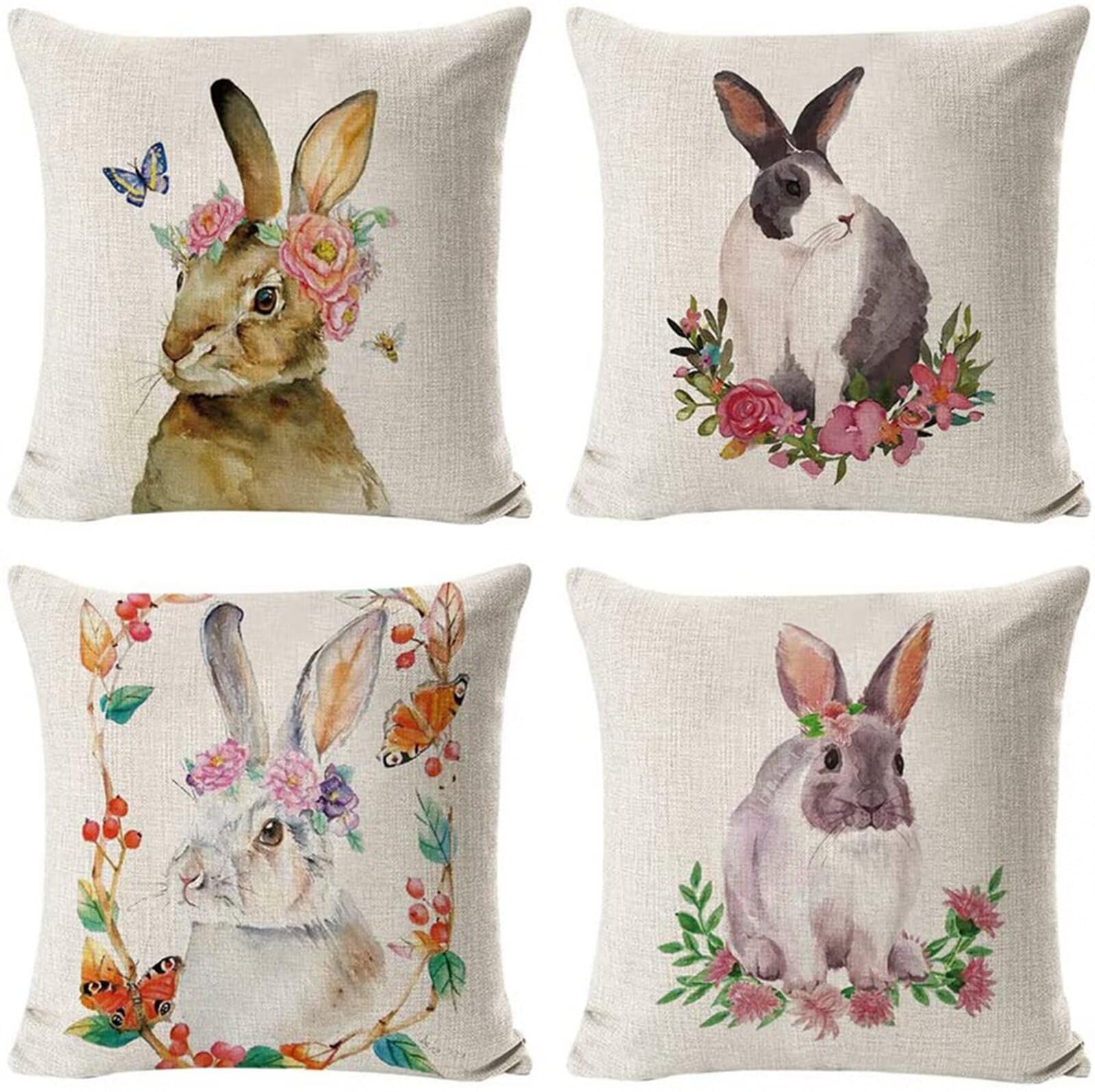 Juego de 4 Impermeable Funda de Cojín Flor de Conejo,55x55cm Moderno Suave Transpirables Lino Fundas de Almohada Cojines Decorativos con Cremallera Oculta para Exterior Sofá Cama Coche Hogar