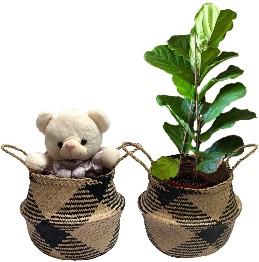 Cesto in erba marina, vaso per fiori, cesto in paglia, cesto per biancheria, pieghevole, grande cestino portaoggetti con manico per cameretta, bagno (D#38CM*34CM)