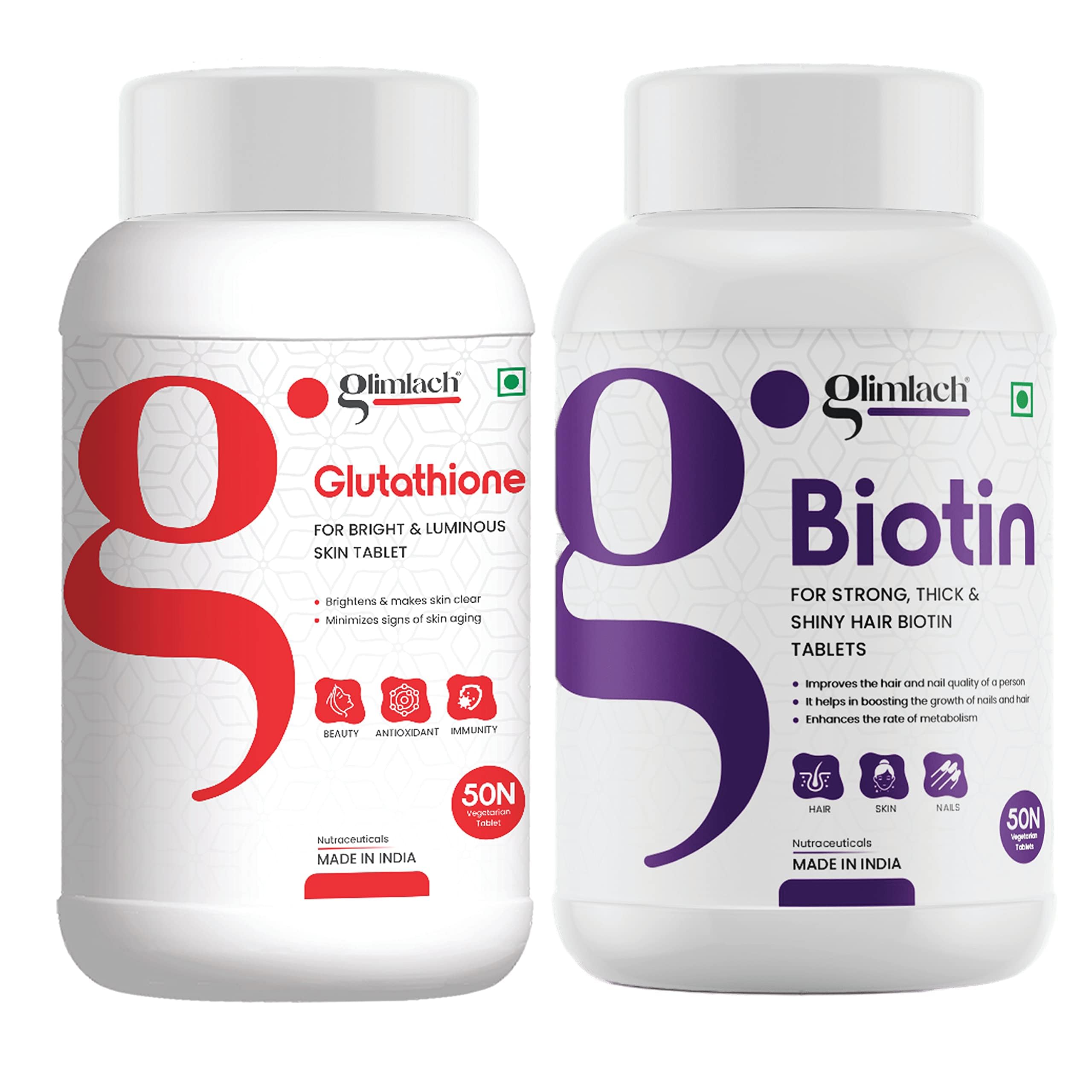 GLIMLACH L Glutathione Capsules with Vitamin C & Biotin Vitamin B7 Supplement for Hair Growth, Strong Hair and Glowing Skin, Immune Support (100 Tablets, Pack of 2)