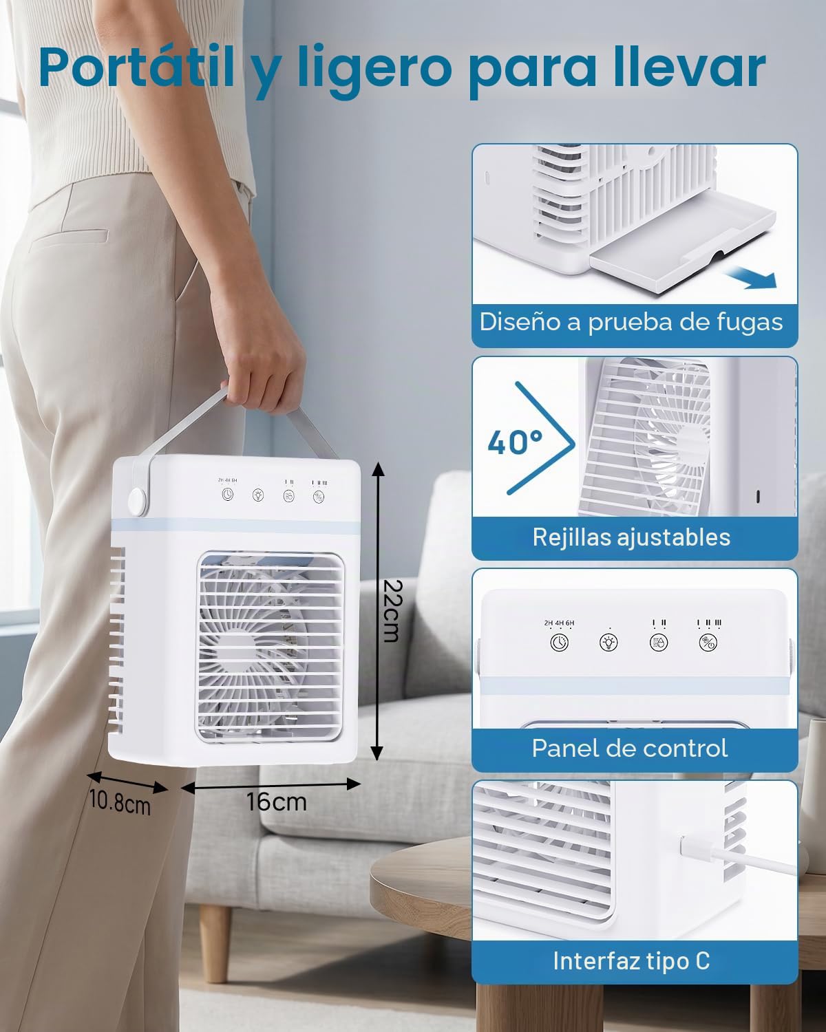 Mini Aire Acondicionado Portatil 3 en 1, Enfriador de Aire 900ML con 3 Velocidades de Aire, 3 Niveles de Neblina, Temporizador 2/4/6H, Luz de Ambiente, USB 10W, Ideal para Habitación, Oficina y Viajes