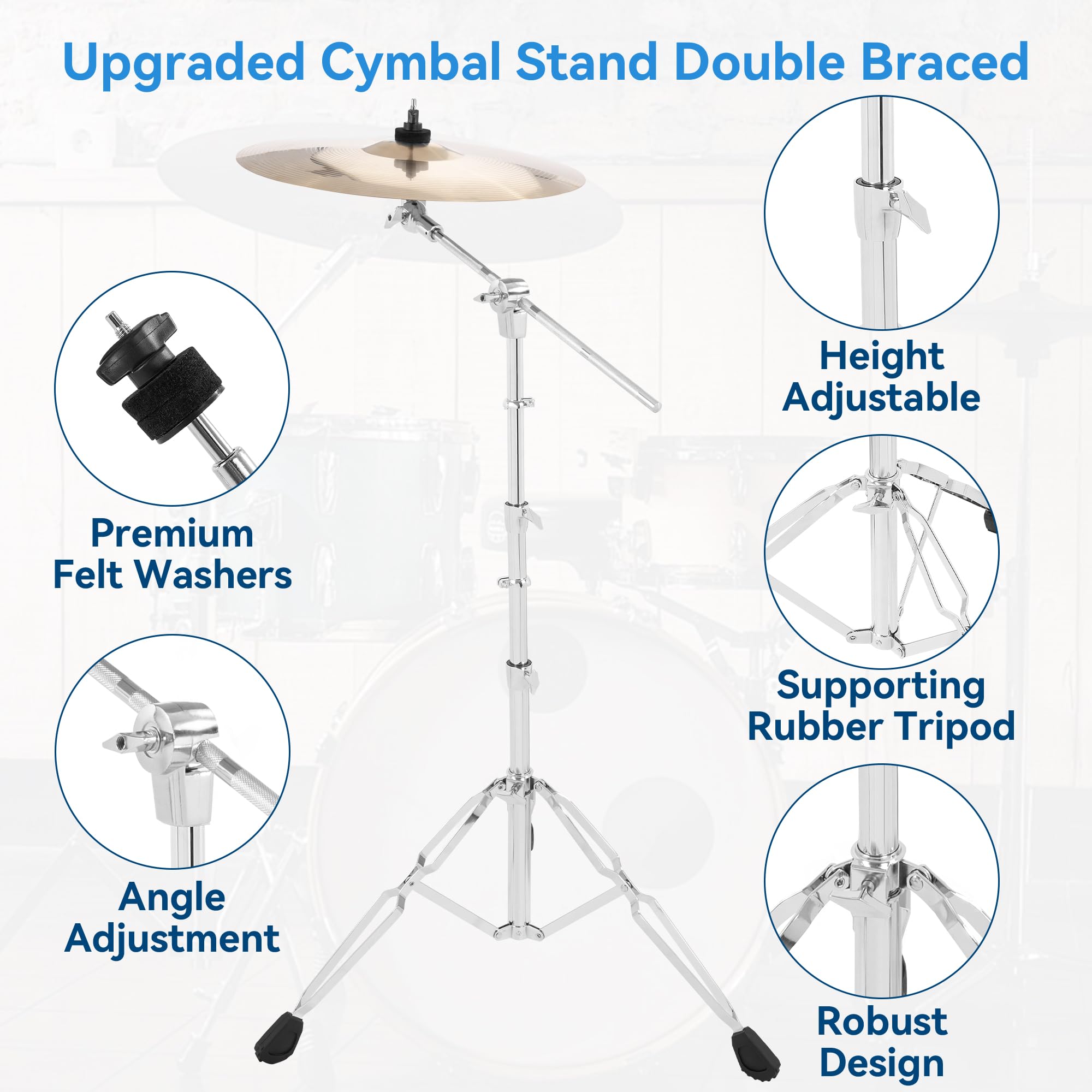 AKOZLIN Boom Cymbal Stand, Basin Stand with Galgen, 84-115 cm Height Adjustable, Double Stretched Tripod, Chrome