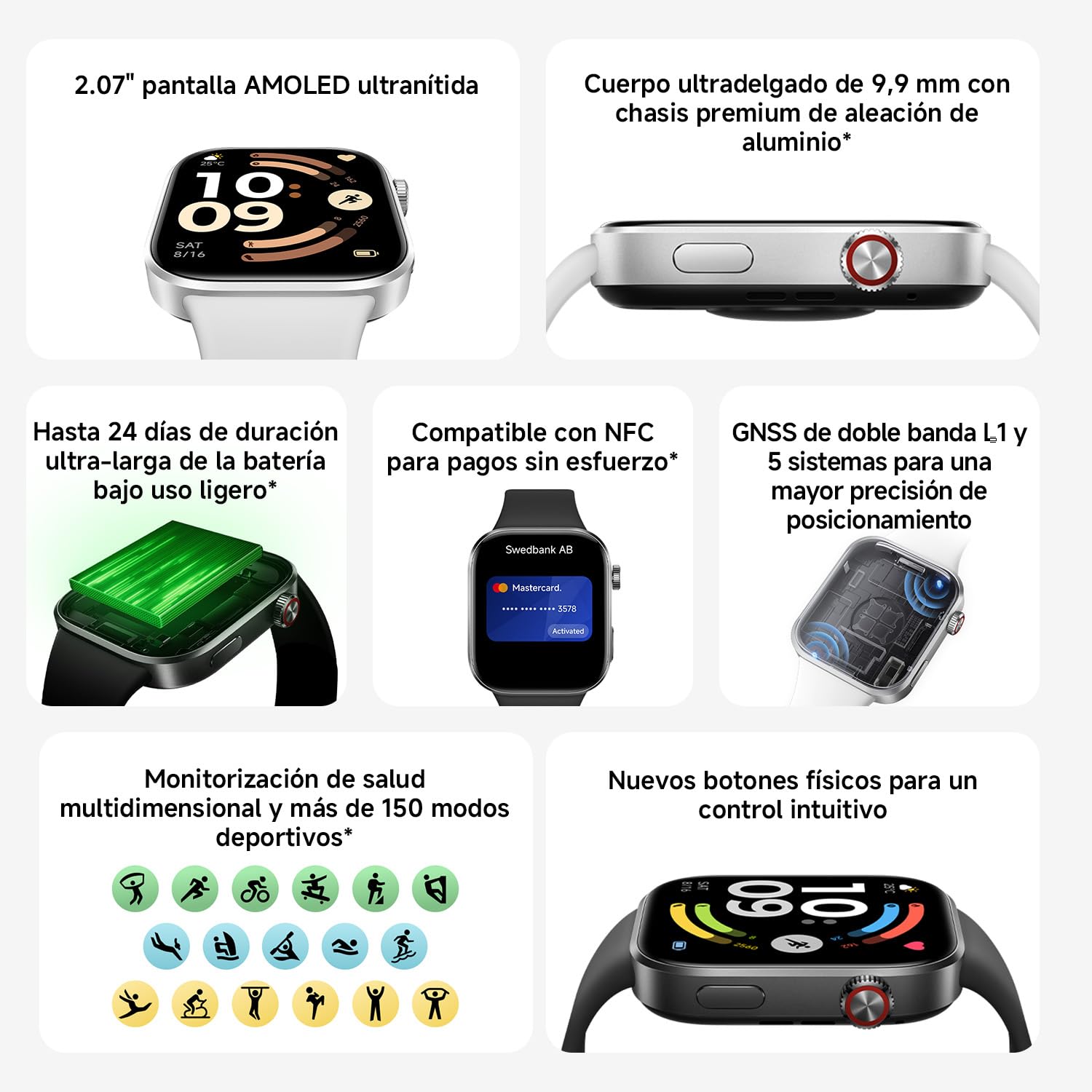XIAOMI Redmi Watch 6 NFC, Reloj Inteligente Mujer y Hombre, Pantalla AMOLED 2.07'', Monitoreo cardíaco,sueño y estrés, 150+ Modos Deportivos, 24 Días de Batería, 5ATM, GPS, iOS & Android,Gris