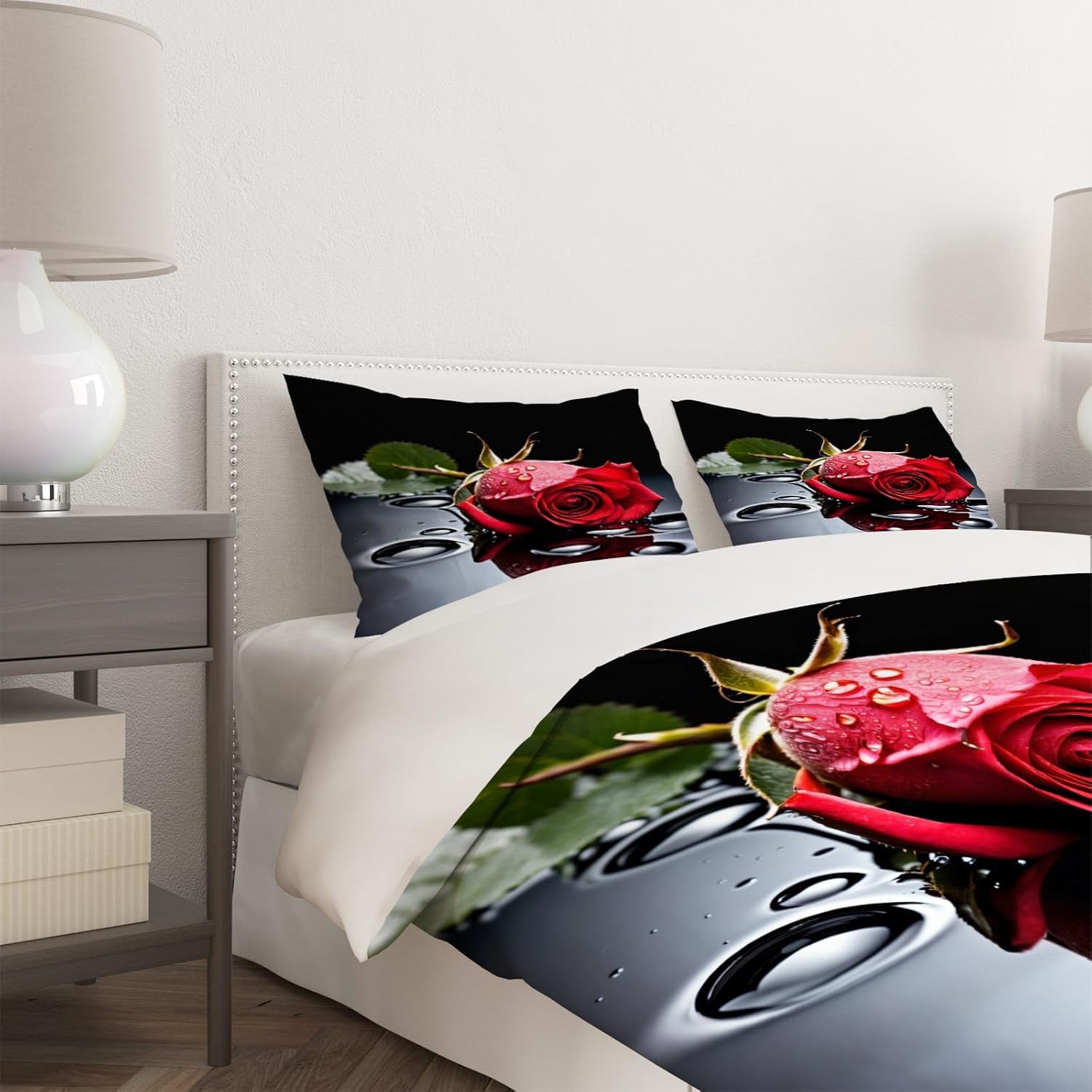 Komplet pościeli 220 x 240 cm, czerwone róże, miękka pościel z mikrofibry, druk 3D, piękne kwiaty, 3-częściowy, poszwa na kołdrę z zamkiem błyskawicznym i 2 poszewki na poduszkę 80 x 80 cm, g 5910