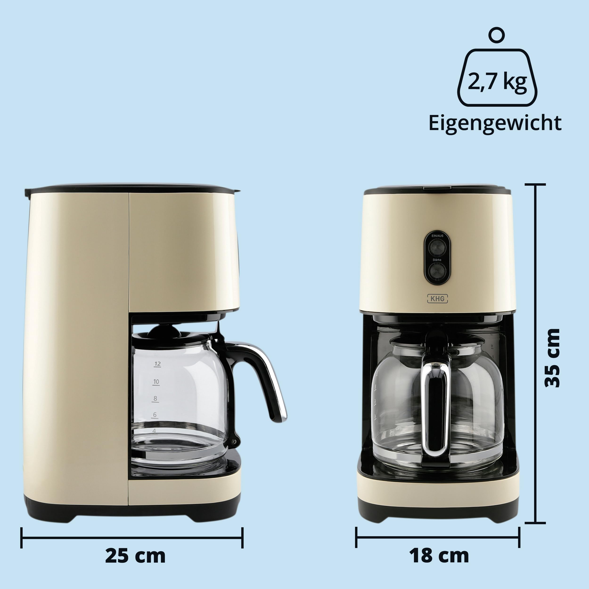KHG Retro Filter-Kaffeemaschine KA-185 CE in creme aus Edelstahl/Kunststoff, Kapazität für 12 Tassen, 1,5 Liter Glaskanne mit Wasserstandsanzeige, Permanentfilter, Tropfstopp