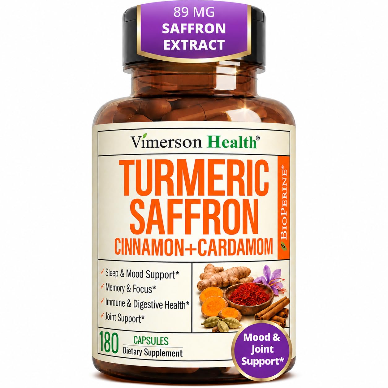 Saffron Supplements Saffron Extract 89mg + 1000mg Turmeric Curcumin 180Ct 180 Count (Pack of 1)