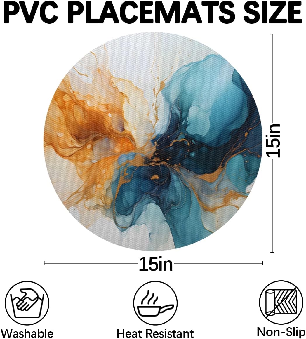 Blue Orange Marble Pattern PVC Wedge Placemats for Round Table Set of 5, Heat Resistant Dining Table Mats with Center Round Mat, Washable Non-Slip Place Mats