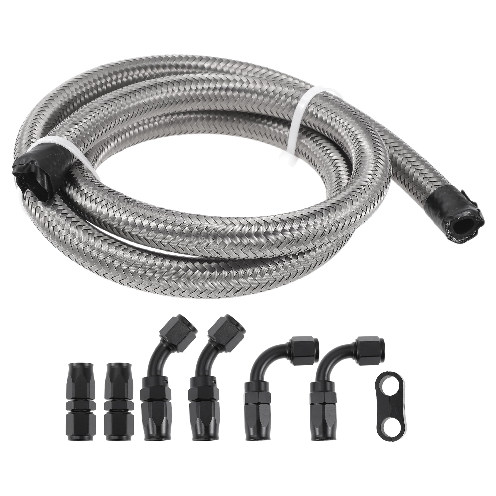 Tuyau carburant AN-6 tressé inox étanche avec raccords coudés 45 et 90 degrés