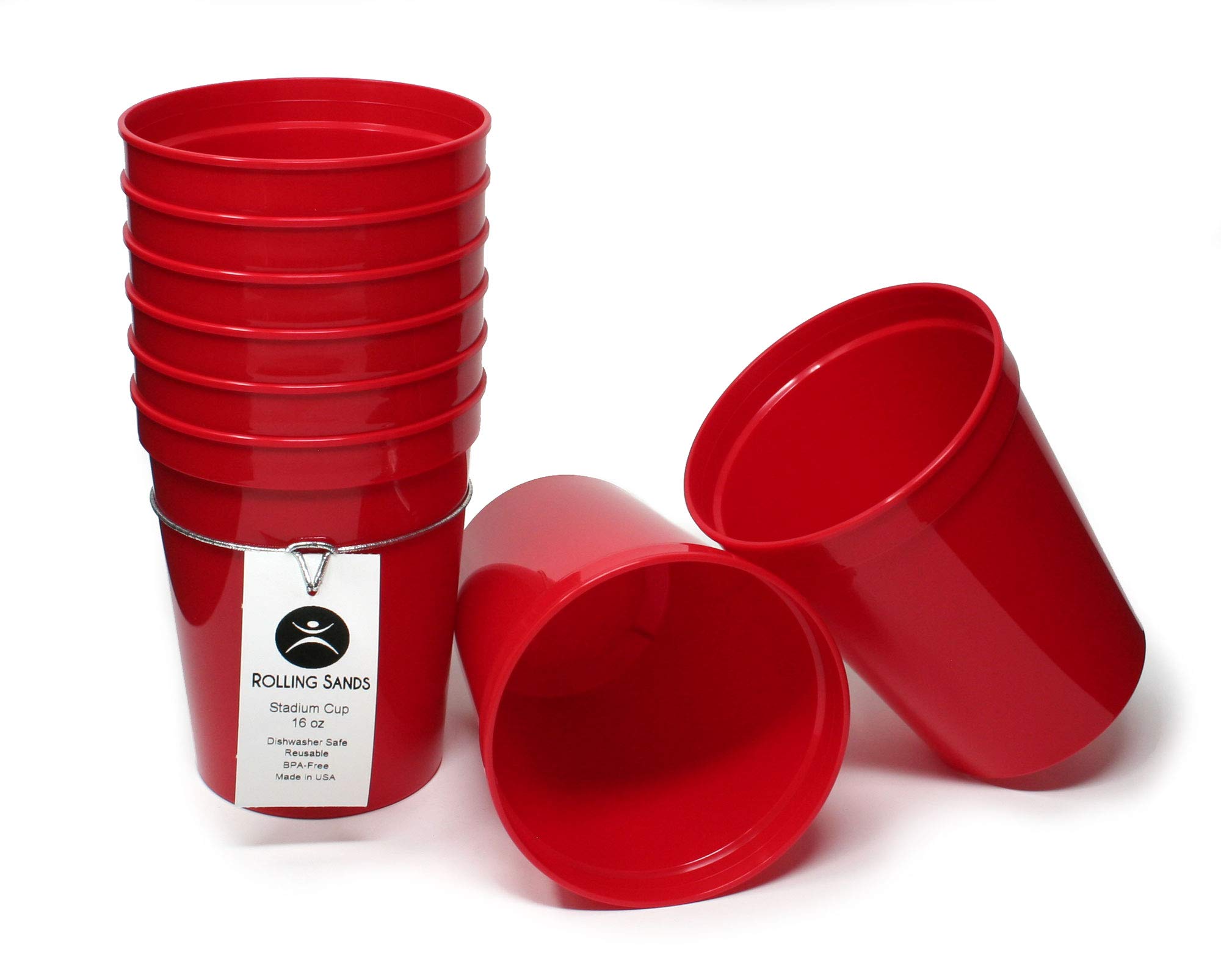 Rolling Sands 16oz Reusable Plastic Stadium Cups Red (8 Pack, Made in USA, BPA-Free) Dishwasher Safe Plastic Tumblers