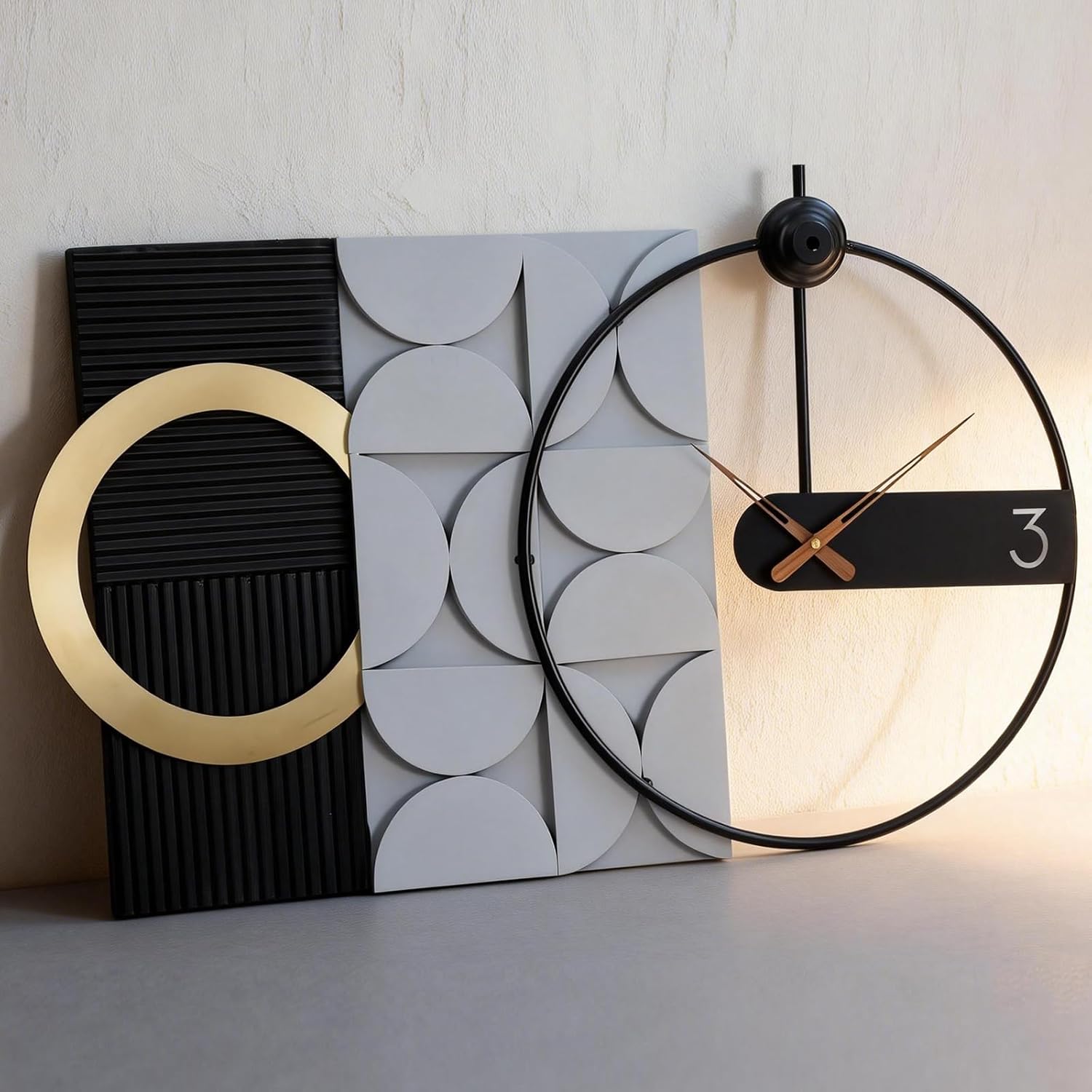 Modern Luxury Wall Clock, Gold Metal Ring Geometric Deconstruction Art, Black Grey Silent Non-Ticking for Living Room, Office, Entryway Decor, 17.7"x29.72"