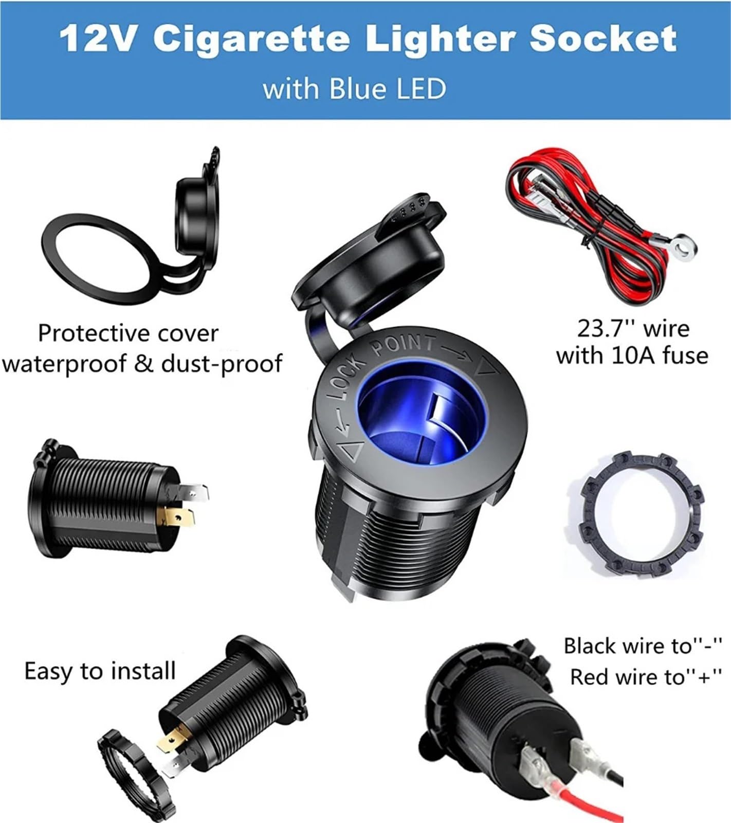 Presa accendisigari impermeabile da 12 V for auto, barca, moto, trattore, presa di corrente, accessori for(Blue with Wire)