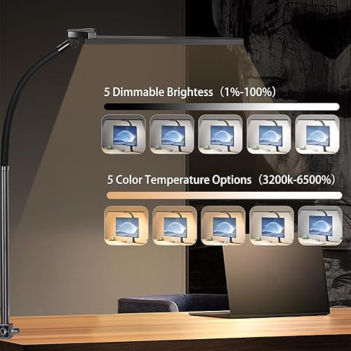 Miniatura 2 de Lámpara de escritorio LED con control remoto y doble cabezal de 31.1 pulgadas de ancho, con abrazadera, luces de escritorio de arquitecto para