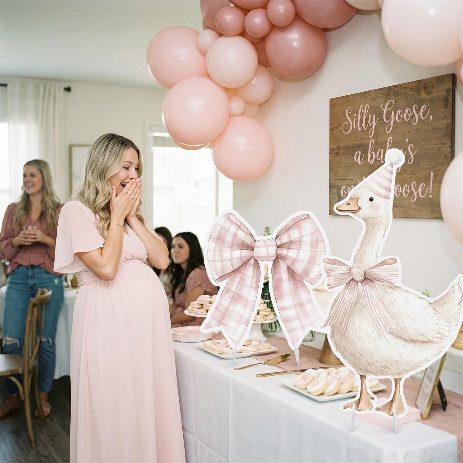 RattanView Pink Silly Goose Birthday Party Decorations 35.4inch 1st Birthday Silly Goose Backdrop Duck and 23.6inch Pink Gingham Background Bow Baby Shower Party Supplies for Animal Baby Shower