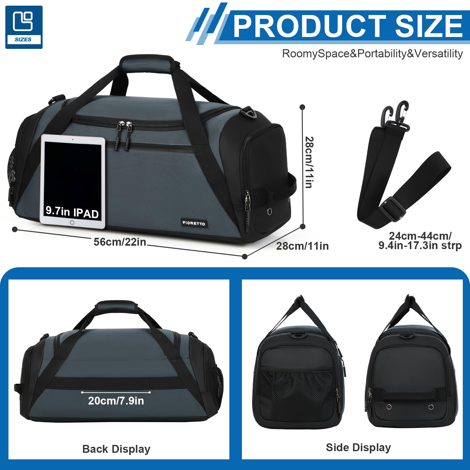FIORETTO 45L Mens Sports Gym Bag with Wet Pocket & Shoe Compartment - Image 2