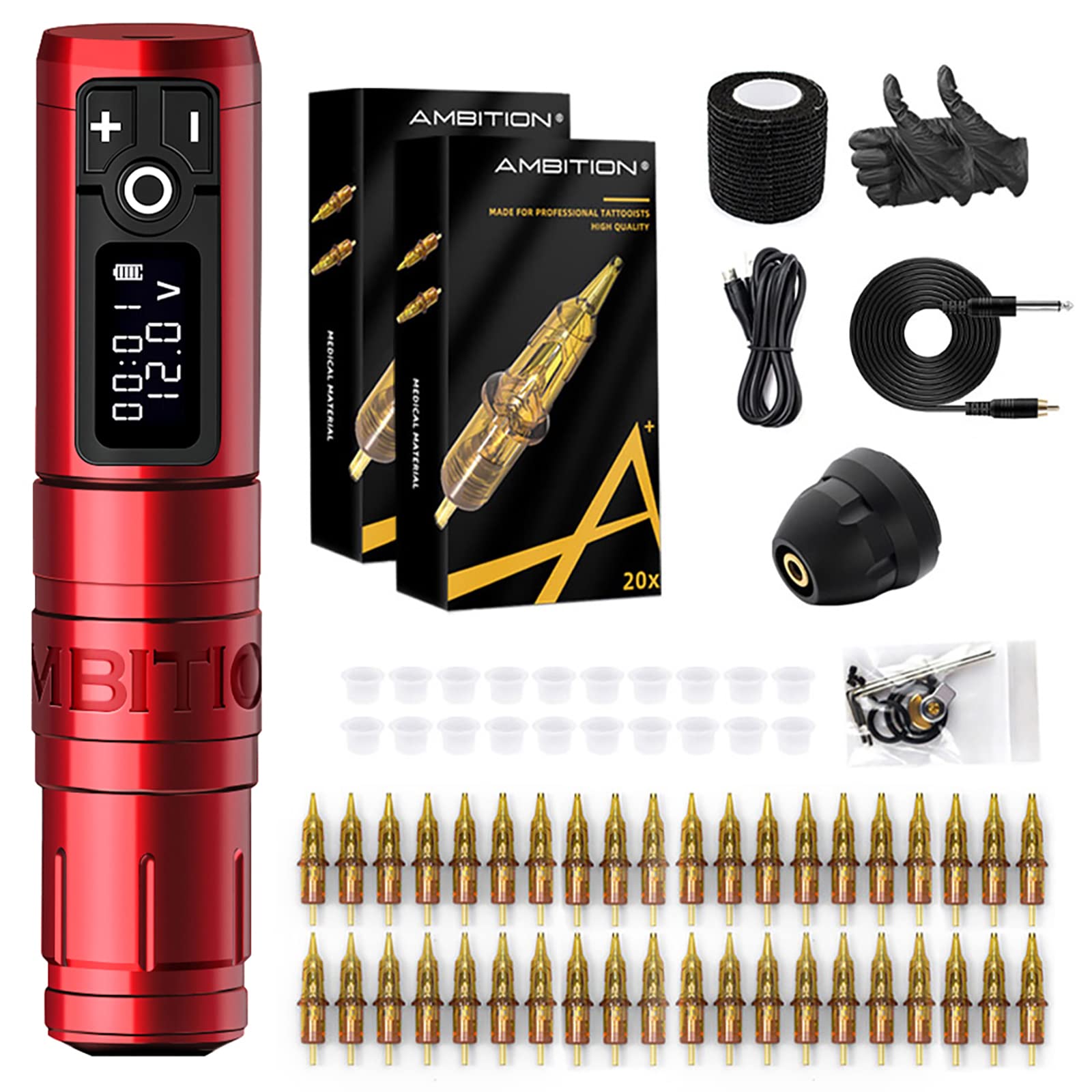 Tattoo Kit - Ambition Complete Wireless Tattoo Machine Kit 1950mAh Digital LED Display Power Supply with 40pcs Tattoo Cartridges Needles Ink Cup Gloves Bandage for Professional Tattoo Artists