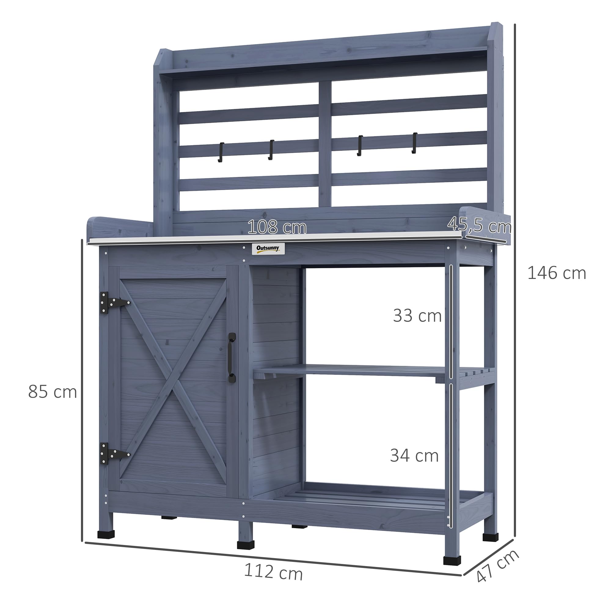 Outsunny Pflanztisch aus Holz, Gärtnertisch mit Schrank, Blumentisch mit Arbeitsplatte, Holzpflanztisch mit 2 Ablagen, 4 Haken für Garten, Grau, 112 x 47 x 146cm