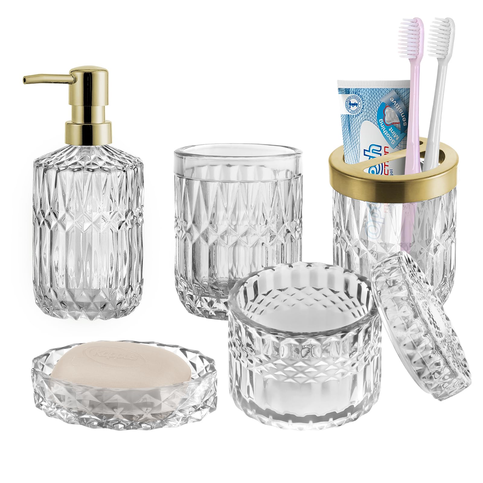 SISLAF 5PCS Bathroom Clear Glass Accessories Set,Crystal Toothbrush Holder Set,Bathroom Soap Dispenser Set,Cotton Swab Jar,Soap Dish,Housewarming Décor Gift