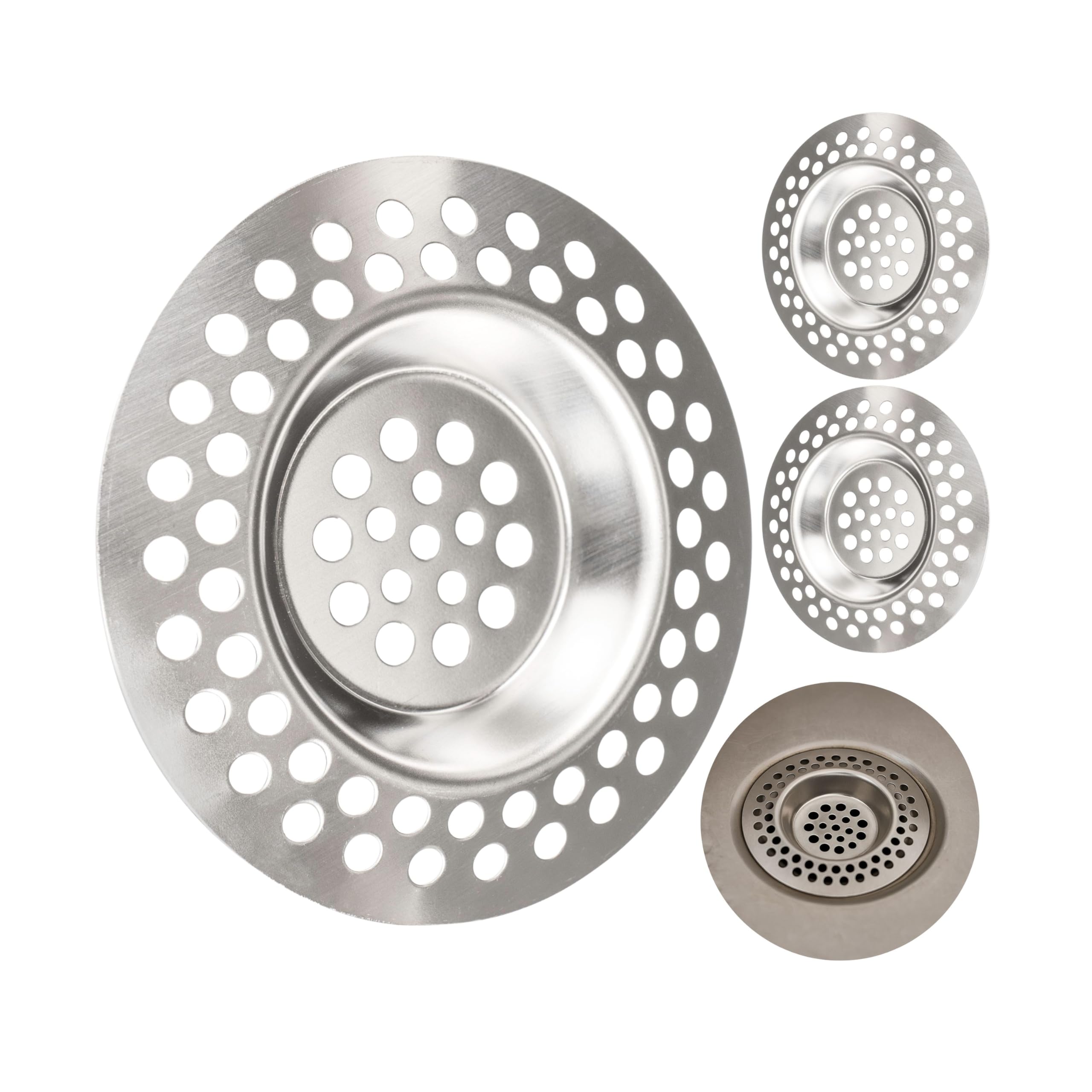 Stainless steel drain strainer, 3 pieces, Ø 70 mm outside, 42 mm inside, protrudes 9.5 mm into the sink, drain strainer for kitchen sink, washbasin, shower tray, bathtub