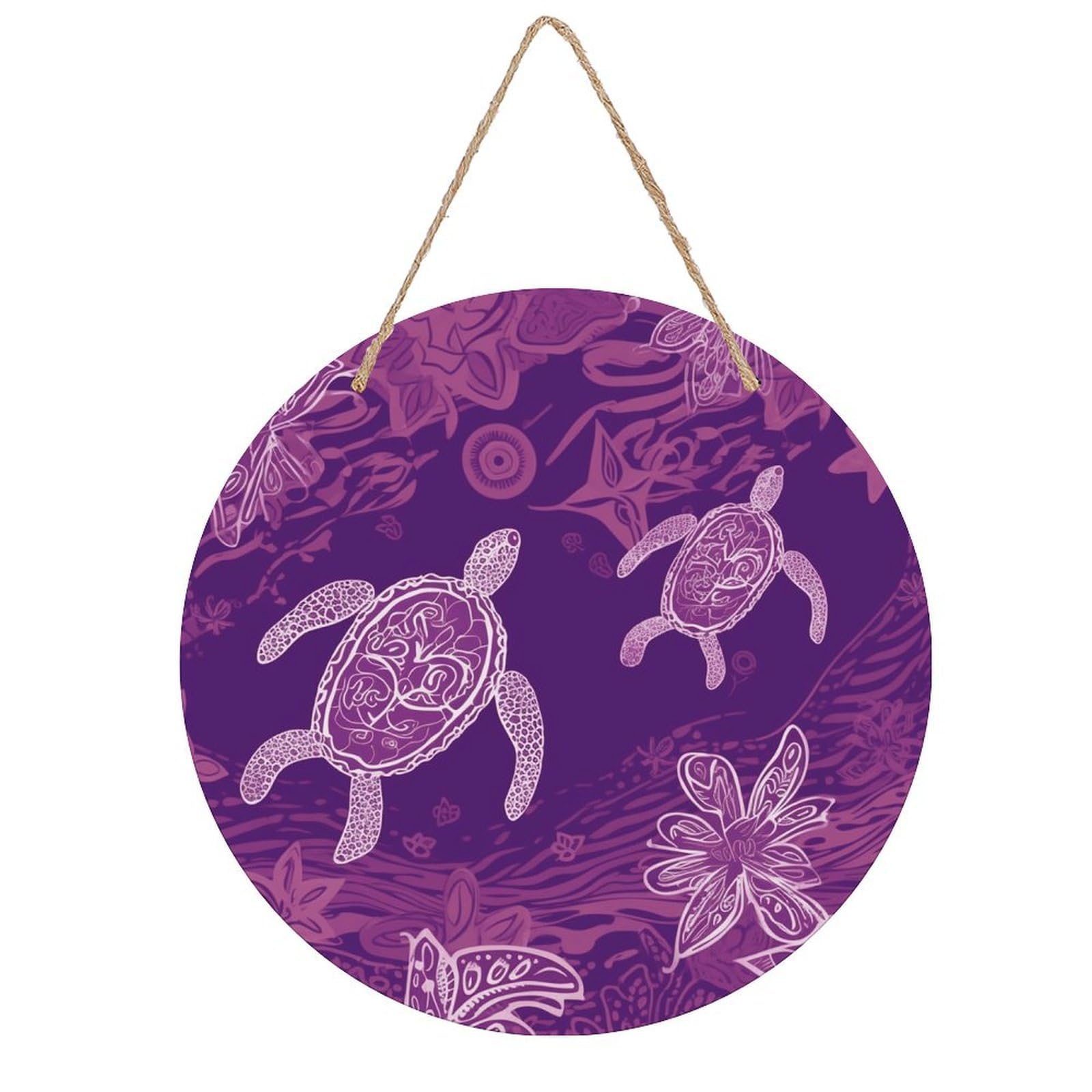 VstaDank Hawaii with Purple Sea Turtle Wall Decor Round Wood Hanging Sign 7.9x7.9 in Wooden Circle Door Hanger with Ropes, Rustic Wall Art Decor for Home Front Door Indoor Outdoor Decoration