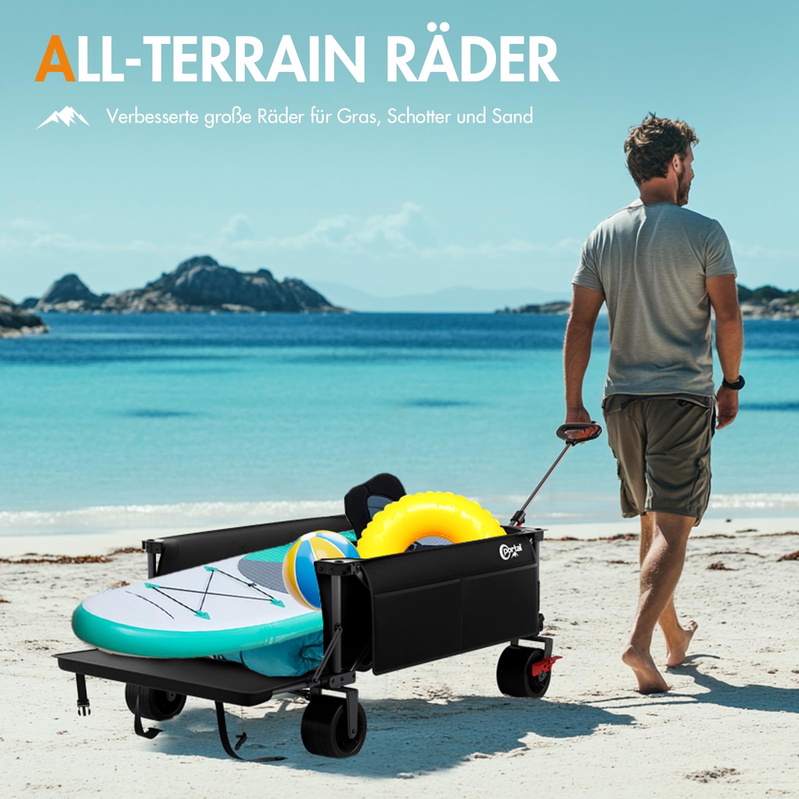 Portal Bollerwagen faltbar XXXL 600L Große Ladefläche 180kg Belastbar Ultrabreit Handwagen mit Seitentasche Transportwagen Leiterwagen Klappbar Strandwagen Faltwagen für Garten Camping Festival