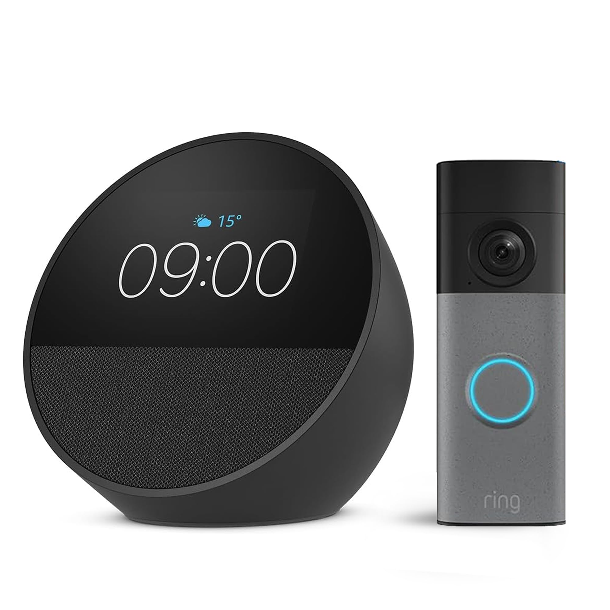Amazon Echo Spot (última generación), Negro + Ring Videotimbre con batería (Battery Video Doorbell) (última gen.), Gris moteado