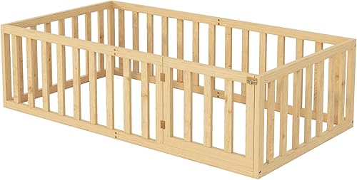 Miniatura 19 de Merax Marco de cama de piso de madera de tamaño individual con valla y puerta (nogal) Nuez,Natural,https://www.amazon.com/dp/undefined