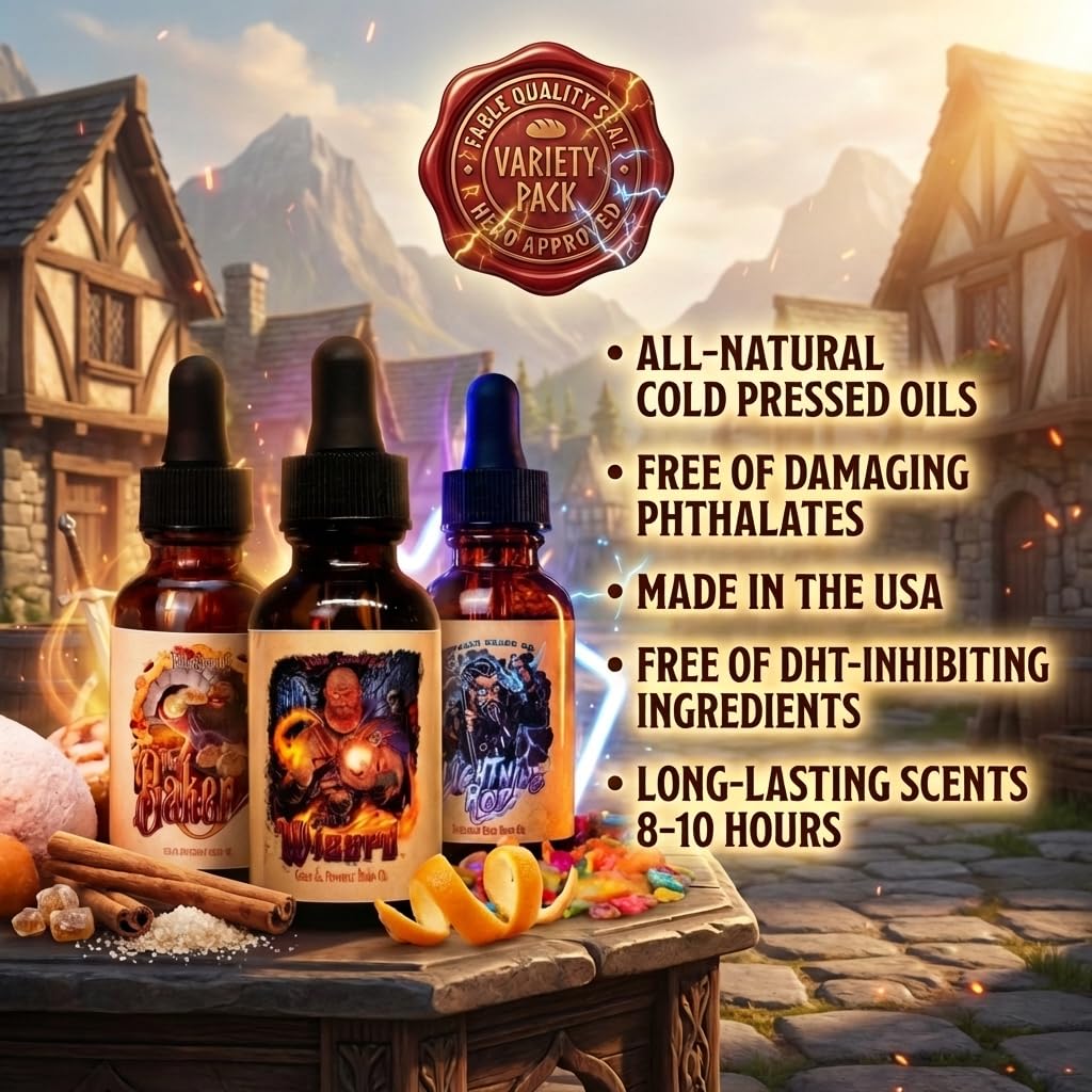 Fable Beard Co. Beard Oil - Arcane Confections Collection, Doughnuts, Buttercream & Fruity Cereal, Natural Beard Oil for Men with Jojoba & Argan Oils, Vitamin E, Beard Softener, Made in USA (3 Fl Oz)