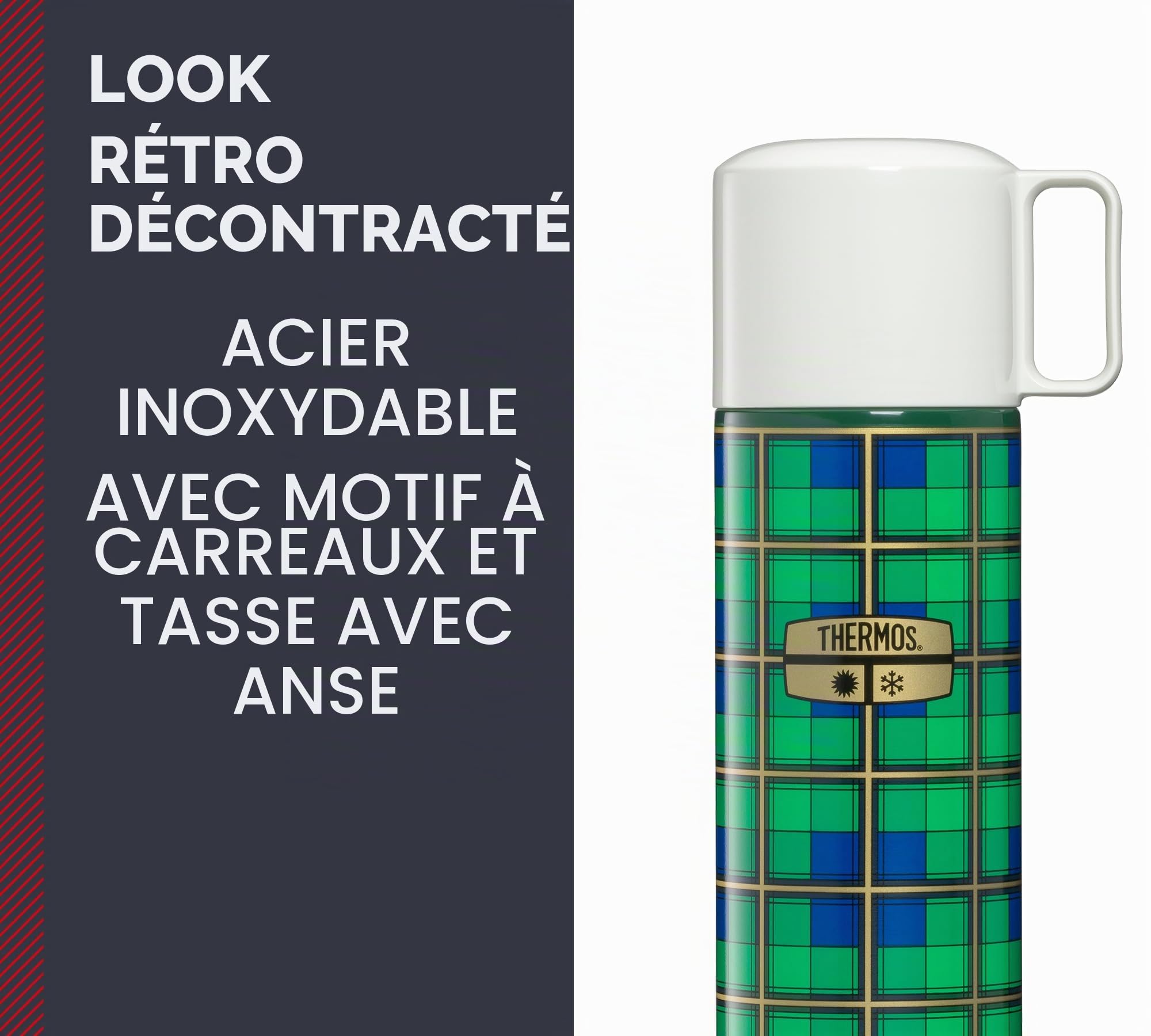 THERMOS REVIVAL BEVERAGE BOTTLE Bouteille isotherme, en acier inoxydable, verte, rétro, 0,50 l, avec gobelet, chaude 18 h/24 h froide, passe au lave-vaisselle, entièrement étanche, sans BPA