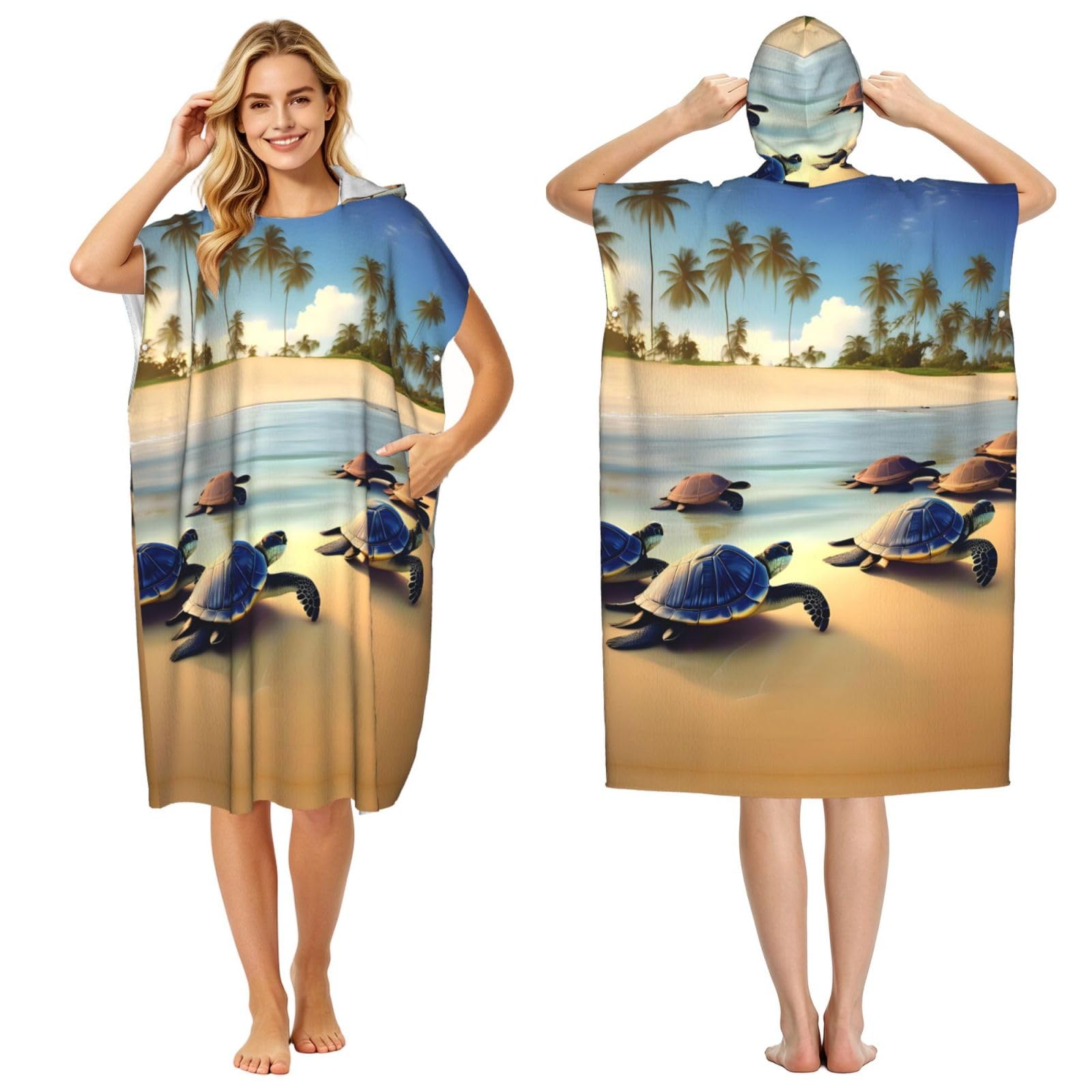 Zaixiansj 110cm turtles on the beach Print Adult Changing Robe Hooded Towel Poncho Surf Swim Beach Cover Up with Pockets