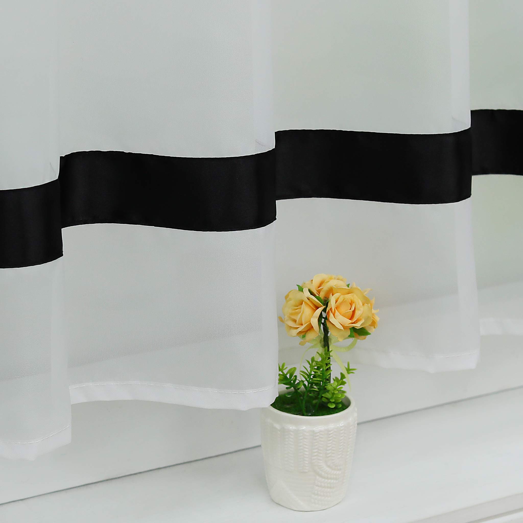 Joyswahl Julie Voile Bistro Curtains with Satin Ribbon, Loops Kitchen Short Curtain H x W 45 x 90 cm Black Pack of 1 - Image 4
