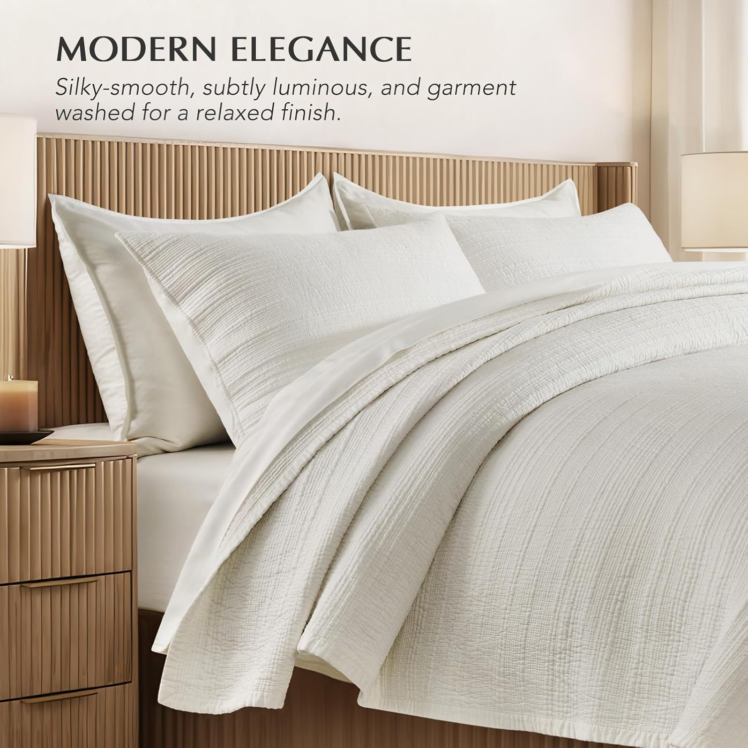 EVERGRACEHOME Channel Stitch 100% Cotton Quilt Set Queen Size, Pre-Washed Cotton Sateen Coverlet Bedspread, 3-Piece Soft & Breathable Bedding Set with 2 Shams for All Seasons, Bright White | Refined Channel, Luxe Cotton Sateen, Pre Washed, 100% Cotton, Oeko-Tex Certified, Lightweight