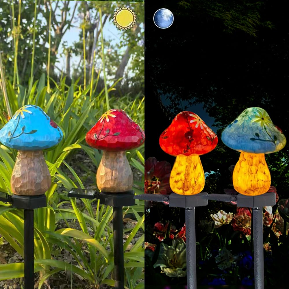 YZYOE 2 Pack Solar Powered Red and Blue Mushrooms Floor Lights, Garden Decorative Resin Cute Mushrooms lamp, Wireless Dusk to Dawn LED Lights Waterproof.