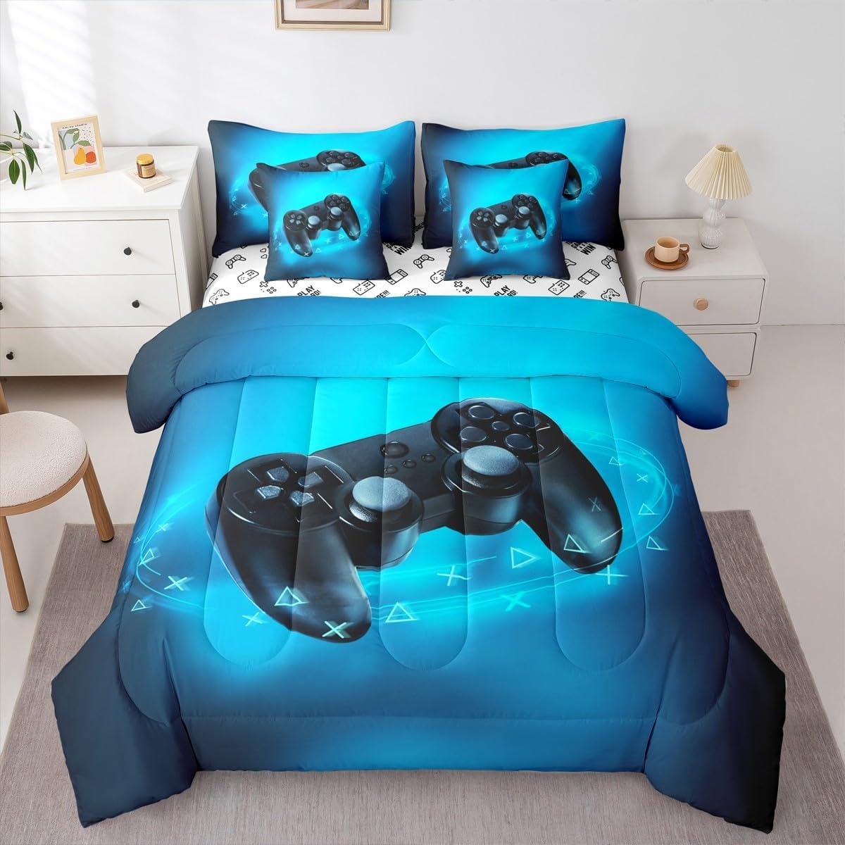 Erosebridal Twin Gamer Comforter Set for Kids Blue 3D Gaming Bedding Set Teens Boys Gamepad Bed in A Bag | Soft Microfiber 7 Pieces Video Game Console Bed Sets with Sheets