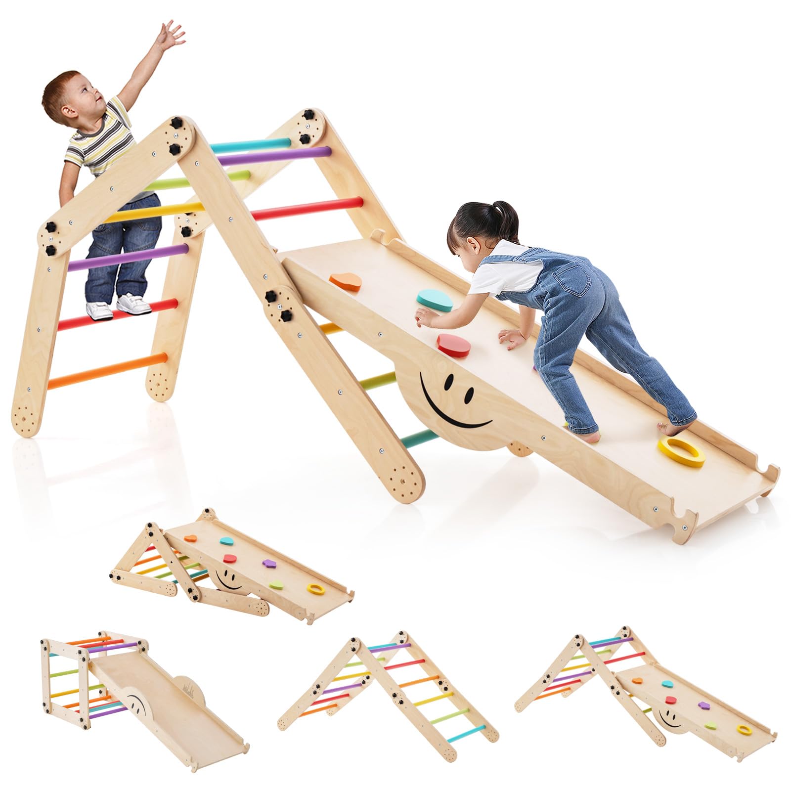 COSTWAY 10 in 1 Toddler Climbing Frame, Indoor Kids Climber Ladder with Reversible Ramp, Wooden Montessori Play Gym Set for Boys Girls (Colorful)