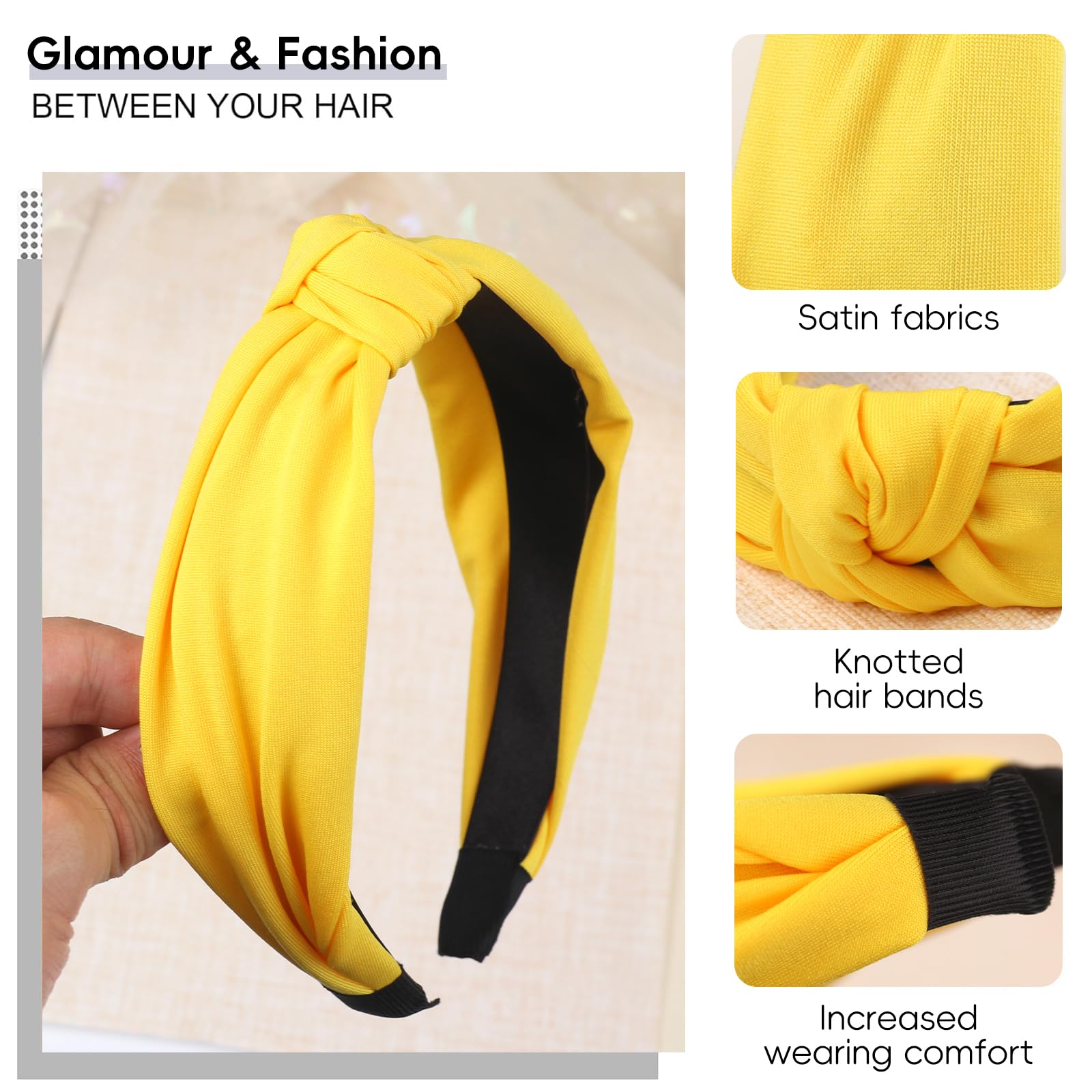 Bandeau noué large et tendance - Accessoires de cheveux tendance de couleur unie pour femmes et filles - Cadeaux quotidiens d'anniversaire, de mariage - Fournitures de fête (jaune)