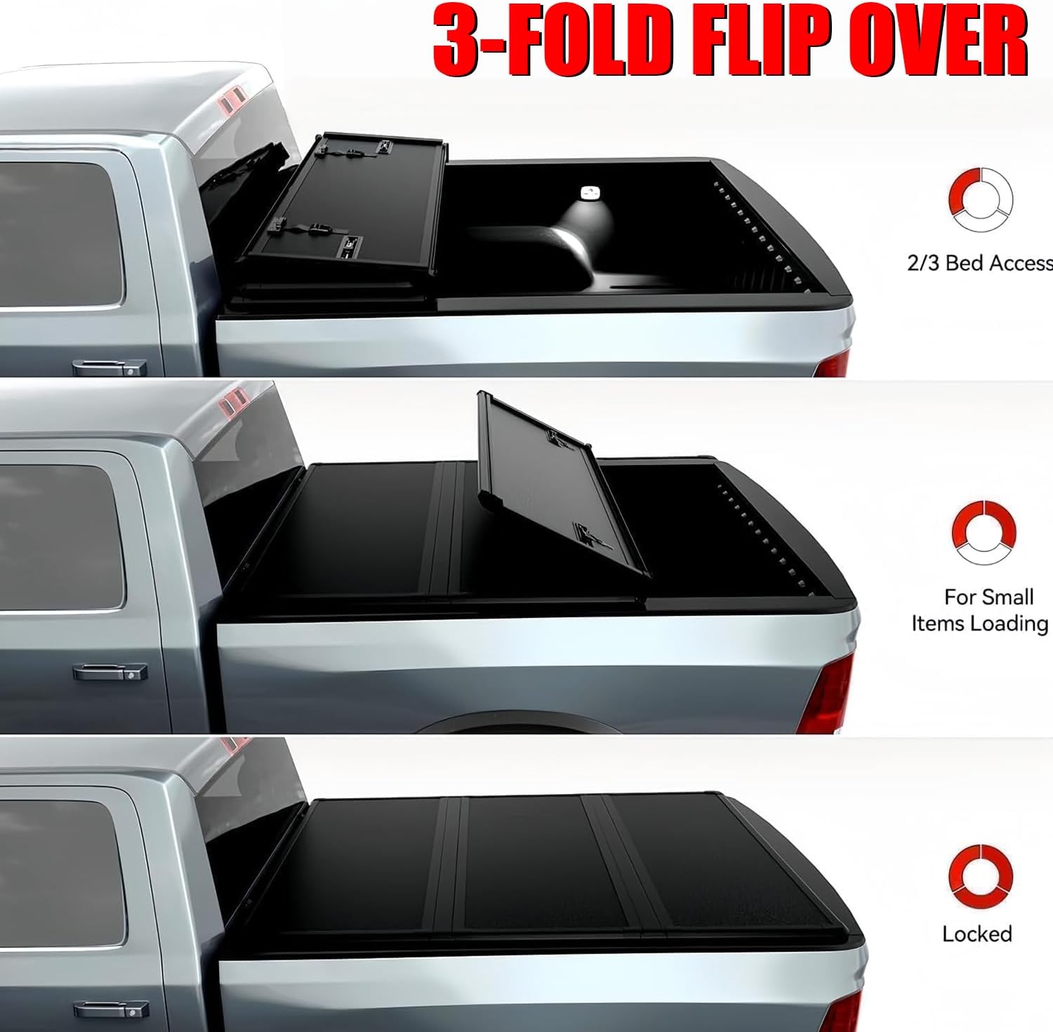 5.5' Hard Folding Truck Bed Tonneau Cover fits 2015-2026 Ford F-150 (Incl.F-150 Lightning) 5'5"Bed, Heavy-Duty Lock Cover w/Waterproof Fiberglass Design | No-Drill Installation & Anti-Theft Security