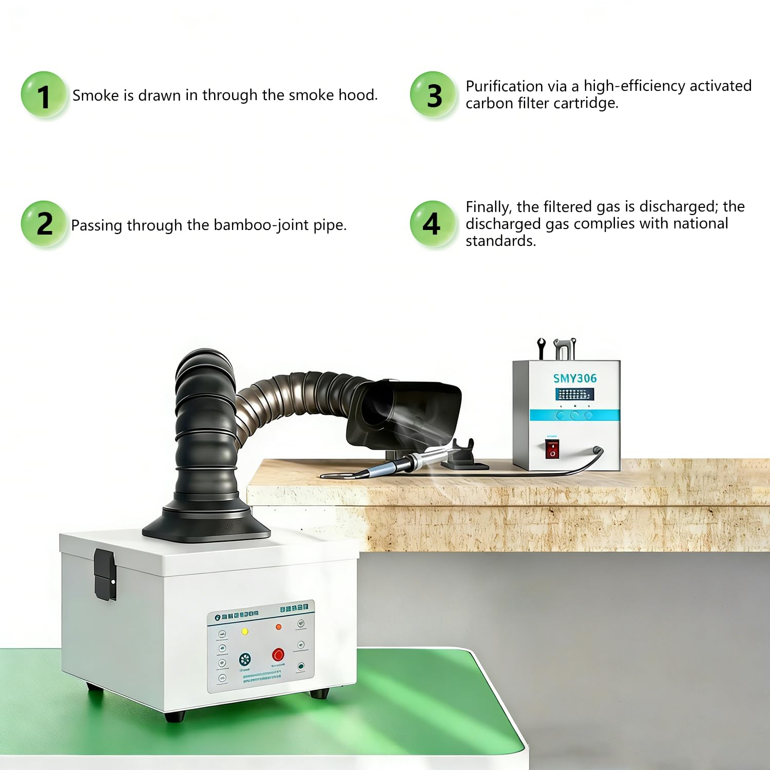 Aspiración de soldadura de 45 W, aspiración de humo con filtro de carbón activo, absorbedor de humo de escritorio, 138 m³/h, limpieza de humo silenciosa para humo de soldadura, vapor láser y polvo