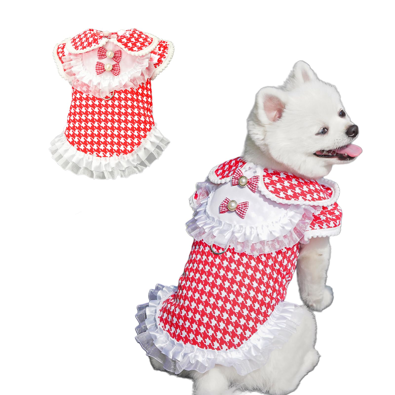 Robe pour chien motif pied-de-poule avec nœud en dentelle chic