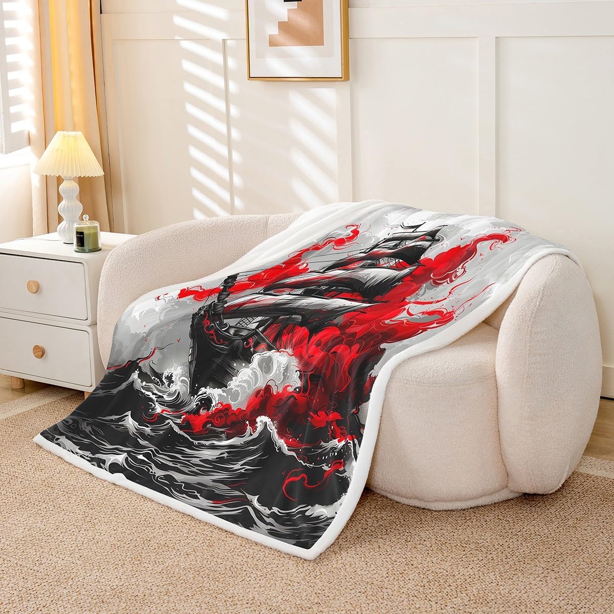 Pirate Ship Fleece Blanket,Nautical Ocean Adventure Theme Sea Waves Trippy Bed Blanket for Kids Teens,Navigation Sailboat Red Flame Smog Print Flannel Blanket for Room Decor,Queen 90"x90"