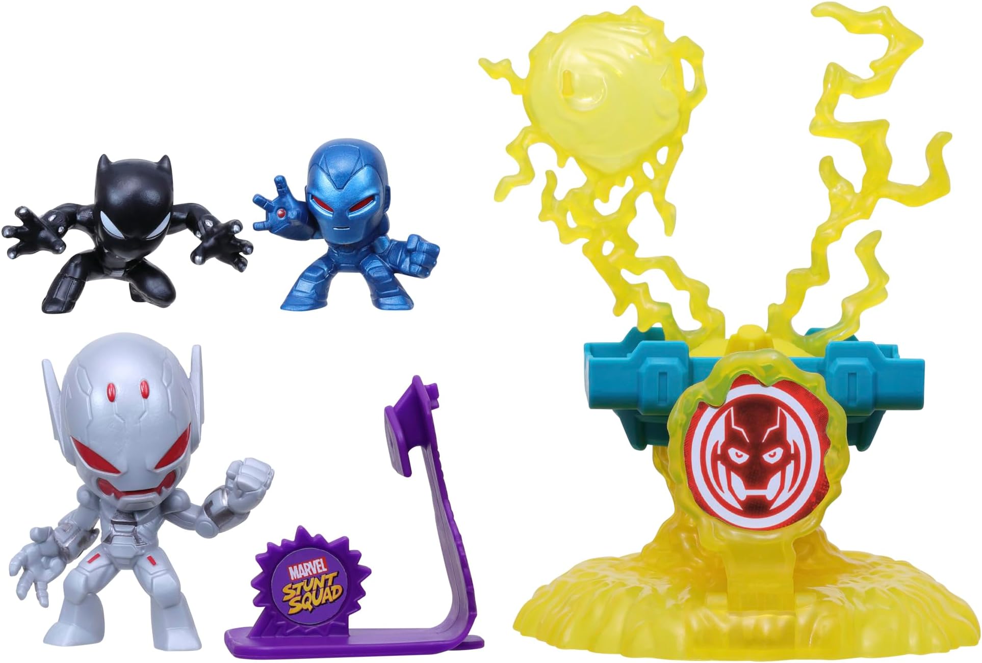 Stunt Squad Villain Knockdown Playset, Black Panther and Iron Man vs. Ultron, 1.5-Inch Action Figures, Toys for Kids Ages 4 and Up, Large