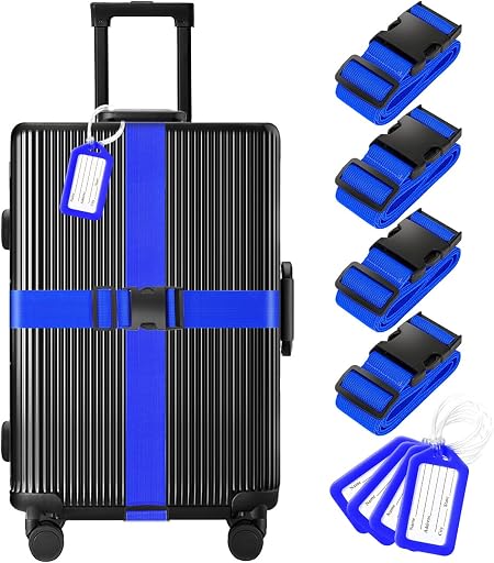 Gostwo Gostwo 8 Pack Luggage Straps and Tags Set - 4 Straps, 4 Tags, Suitcase Belt | Luggage Straps for Suitcases TSA Approved, Heavy Duty Easy to Identify Travel Tags, Blue