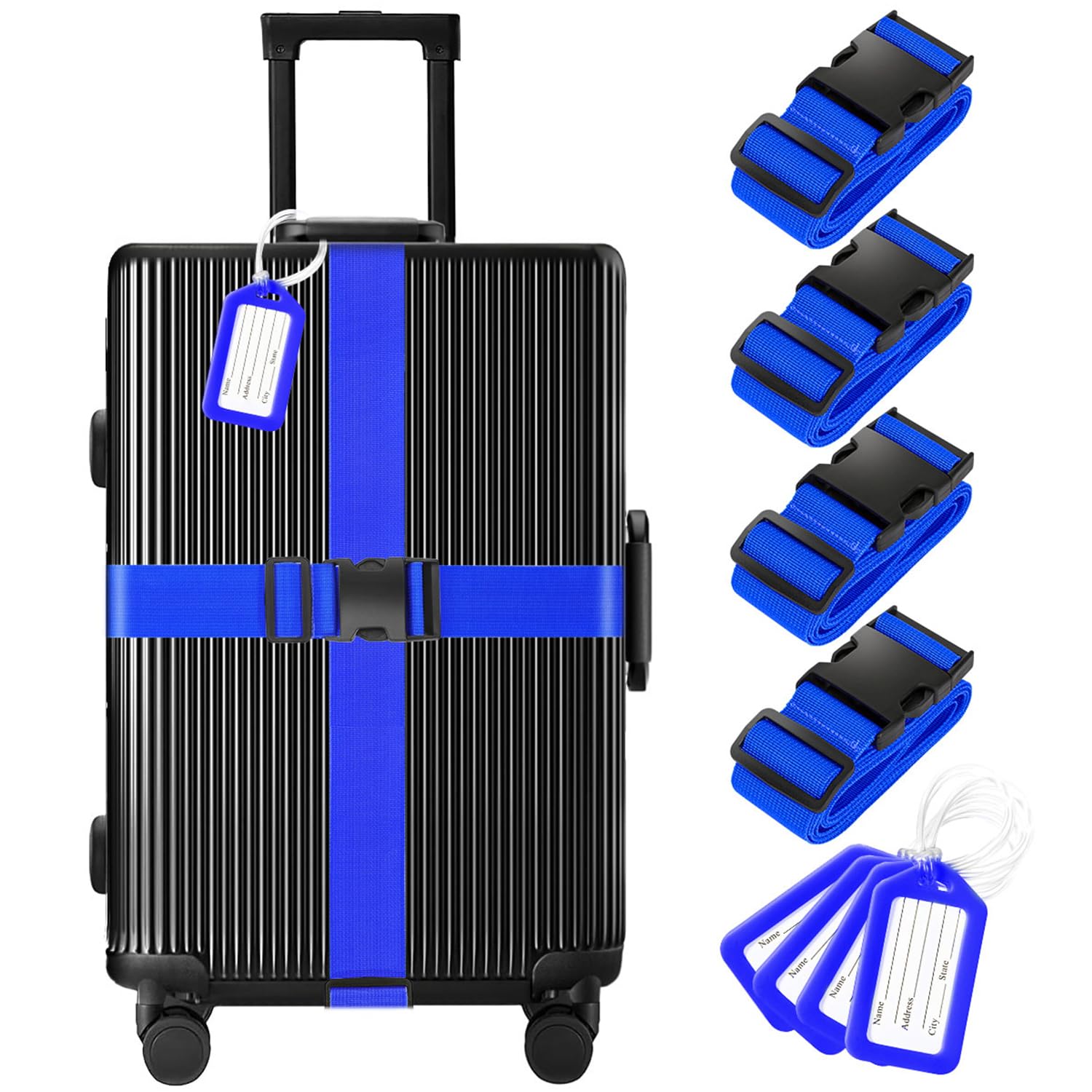 8 Pack Luggage Straps and Tags Set (4 Straps, 4 Tags), Luggage Straps for Suitcases TSA Approved Suitcase Belt Luggage Tags, Blue