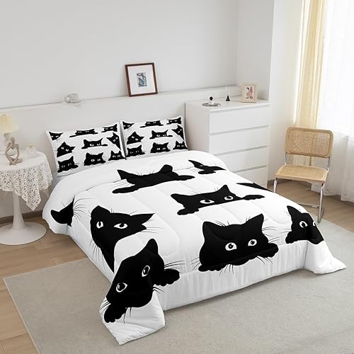Miniatura 2 de Juego de edredón de 3 piezas de gato negro para niños y niñas, edredón con estampado de gatos tamaño matrimonial, juego de ropa de cama Kawaii con 2