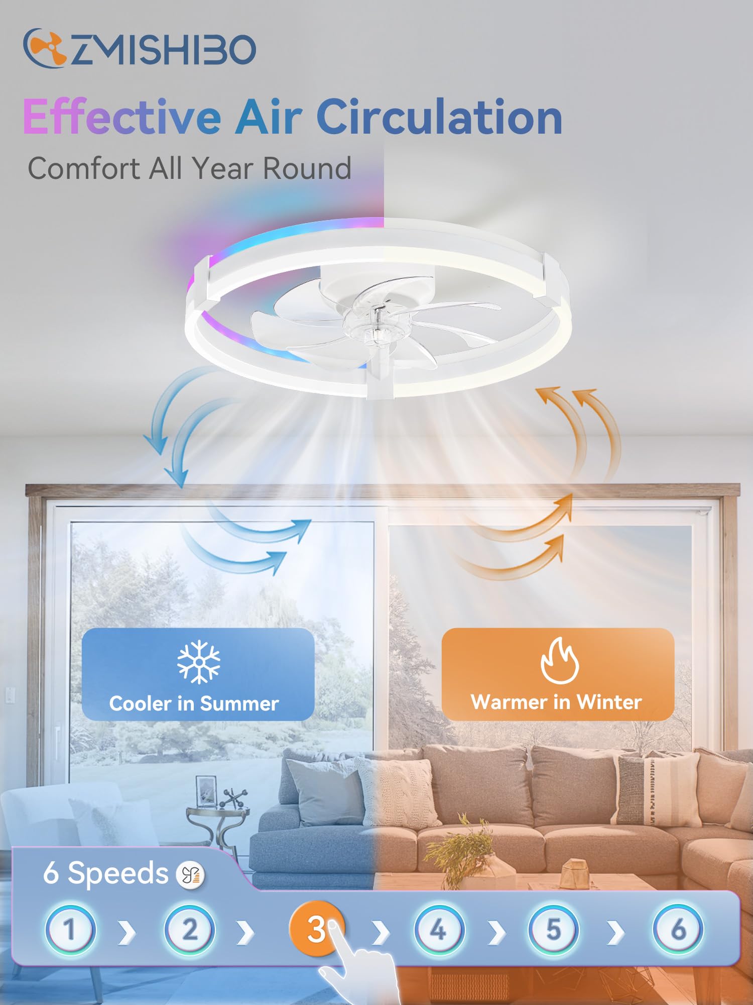 ZMISHIBO 51 cm RGB-Deckenventilator mit Licht,Fernbedienung & APP-Steuerung,6 Geschwindigkeiten, Vorwärts- & Rücklauf,15%-100% dimmbar,3CCT,obere und untere Lichtkreise separat steuerbar, 1/4/8H Timer