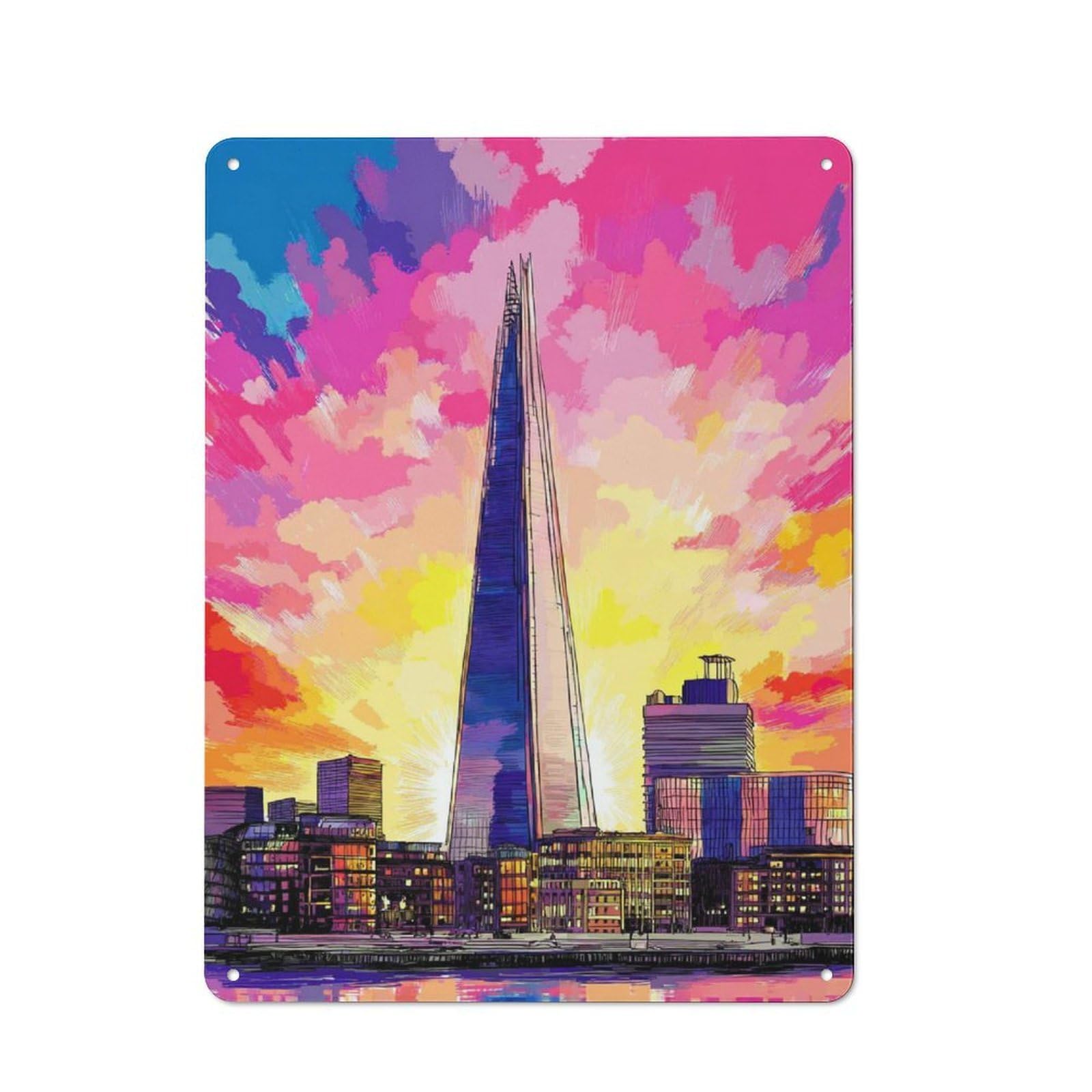 Junmoney Colorful Cityscape With Tall Building Tin Wall Plaque 40X30cm With For Bar Or Restaurant, Housewarming Wall Decor For People Furnishing Bar And Restaurant
