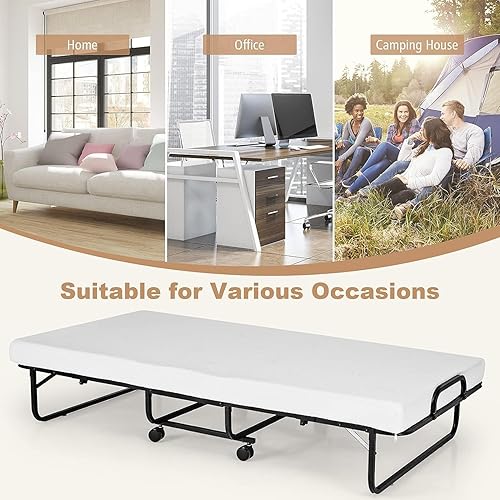 Miniatura 36 de HAPPYGRILL Cama enrollable, cama plegable con colchón de espuma viscoelástica de 5 pulgadas, marco de acero resistente, 4 ruedas universales, cama