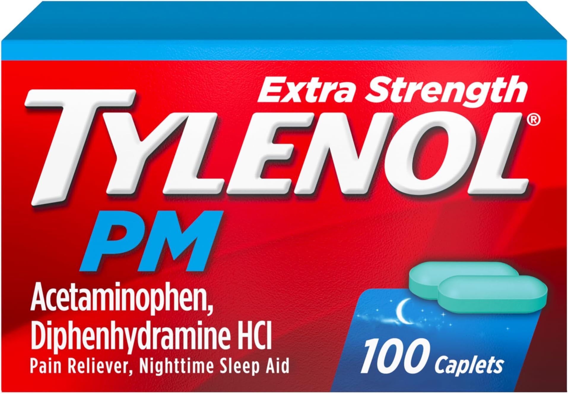 Tylenol PM Extra Strength Nighttime Pain Reliever & Sleep Aid Caplets, Fast, Strong Pain Relief, 500 mg Acetaminophen & 25 mg Diphenhydramine HCl, Non-Habit Forming Medicine for Aches & Cramps, 100 Ct